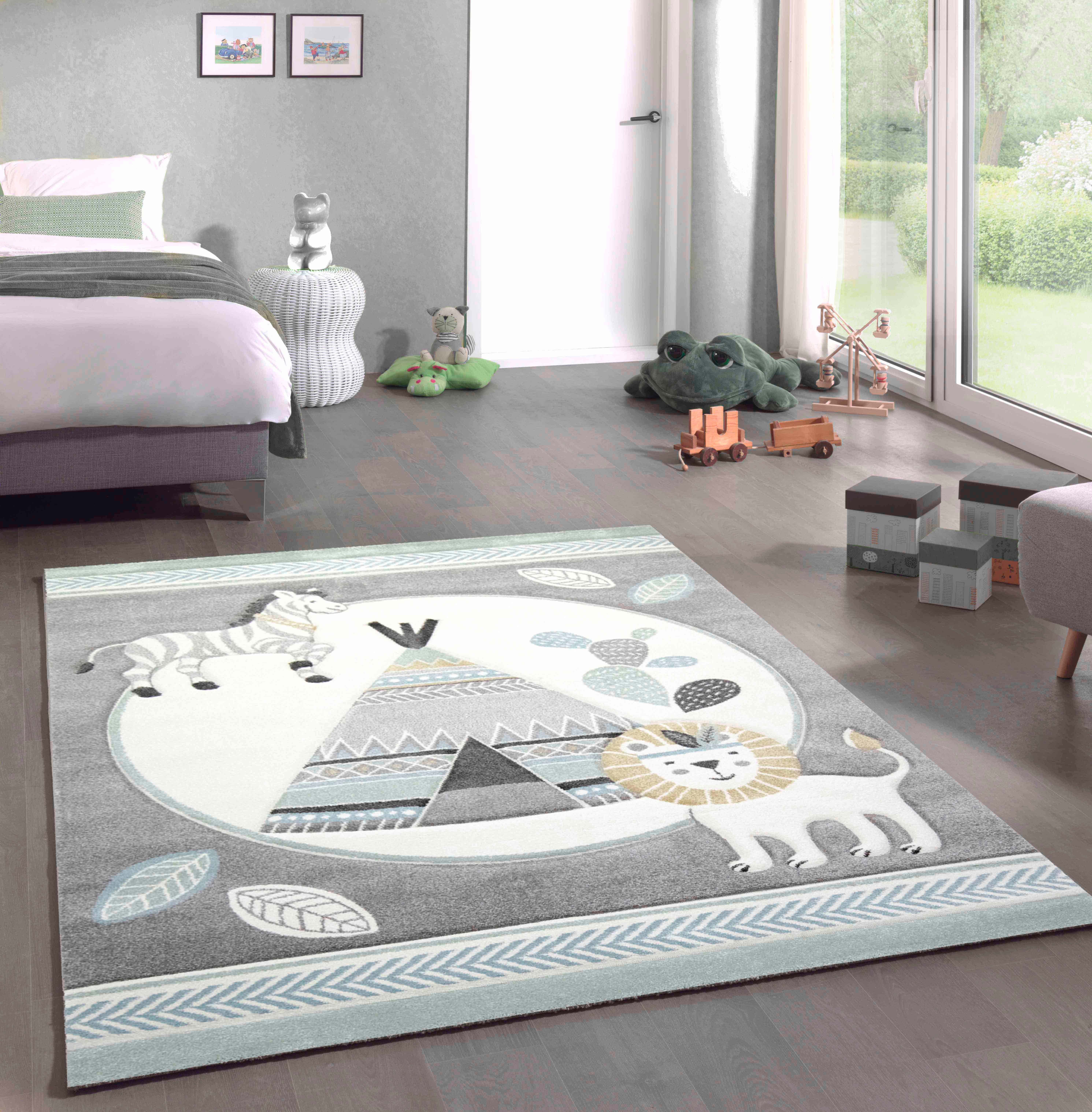 Carpetia Kinderteppich Spielteppich Kinderzimmer Kaktus Zebra Zelt Löwe gelb grau creme, rechteckig, Höhe: 13 mm