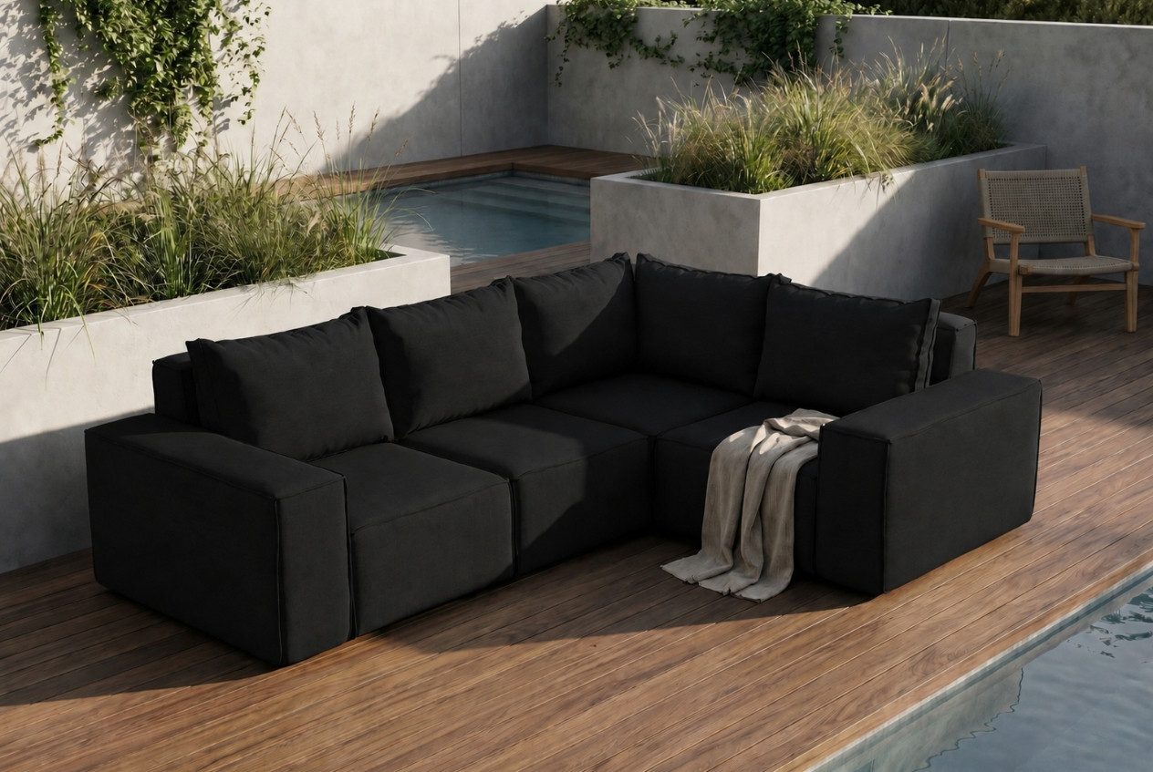 Friderik-EU Gartensofa Garten-Ecksofa 246x181 cm, wasserdichter Bezug, 5 Sitzplätze, moderne Jeans-Optik, einfache und schnelle Montage