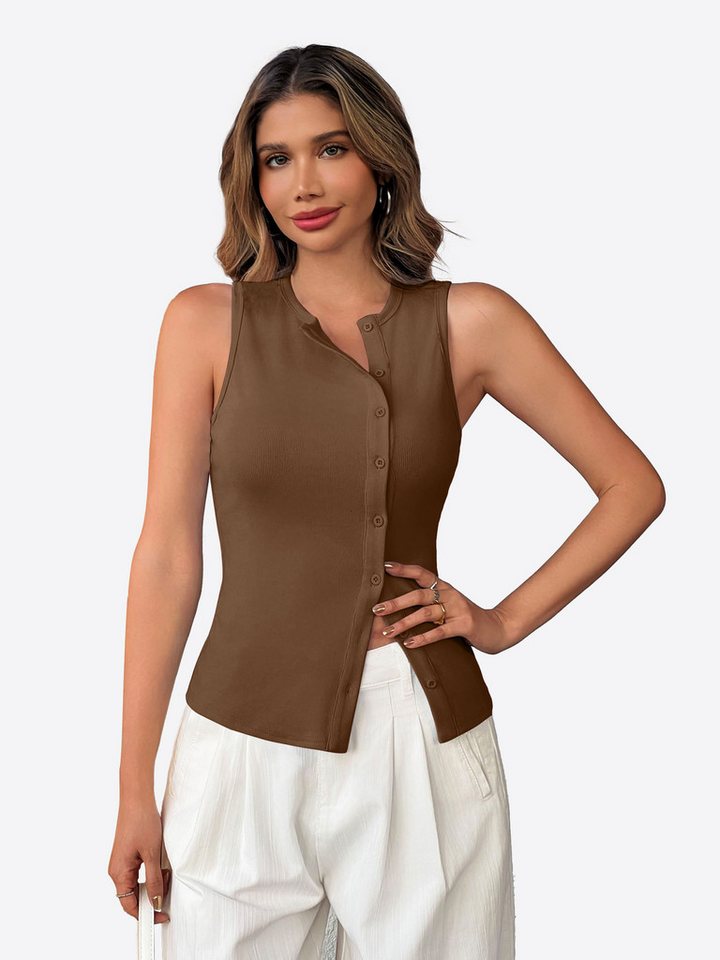 Imily Bela Ripptanktop Damen Gerippt ärmellos Rundhals Knöpfe (Packung, 1-tlg., 1per-Pack) mit außermittiger Knopfleiste in Unifarbe