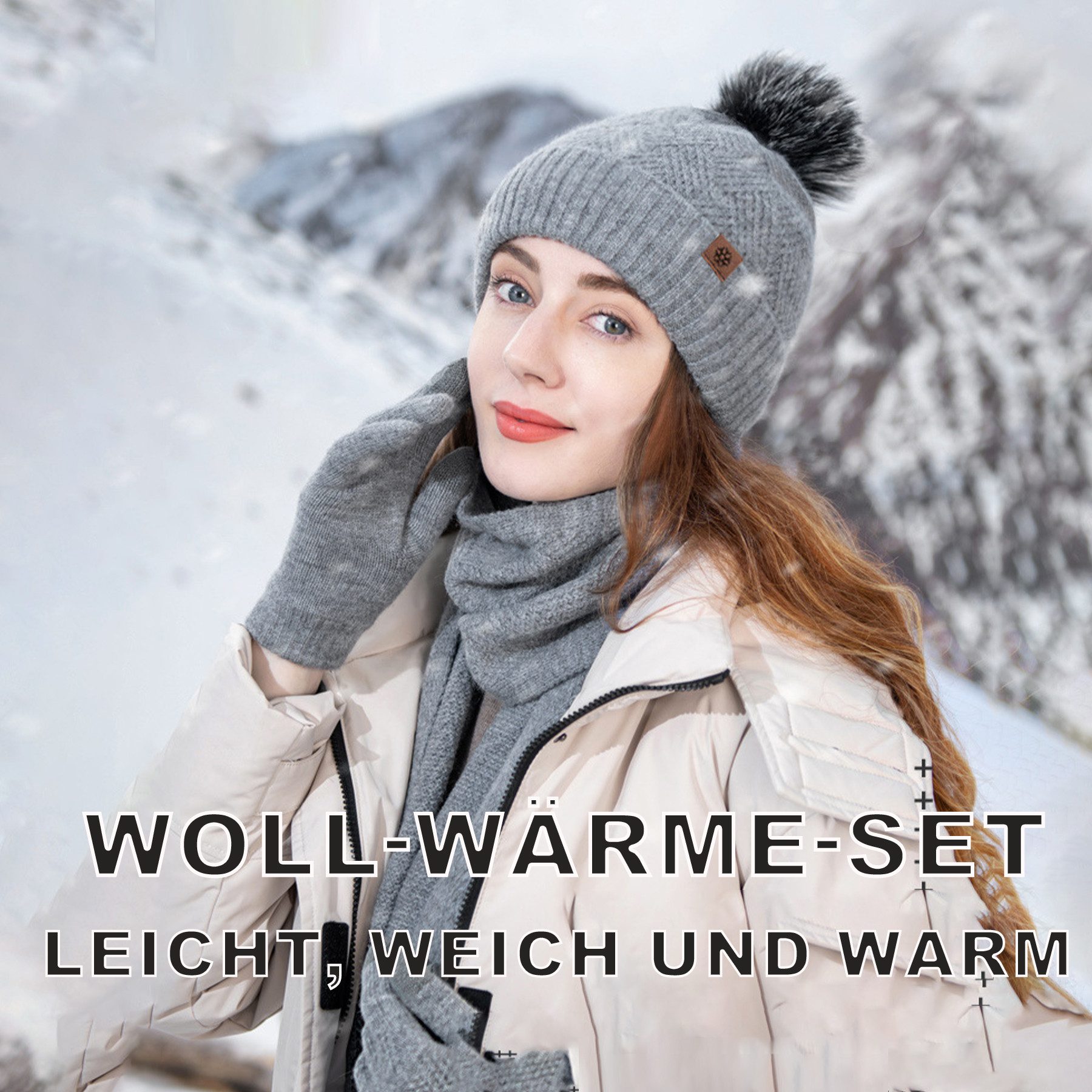 Mutig Mütze & Schal Mütze Schal Handschuh 3-Set,Gestrickte Wollmütze mit Bo günstig online kaufen