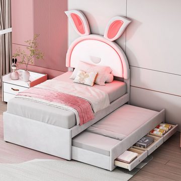 HAUSS SPLOE Polsterbett 90 x 200 cm mit Kopfteil in Hasenform (Einzelbett mit ausziehbarem Bett und 3 Schubladen), Kinderbett mit LED-Licht