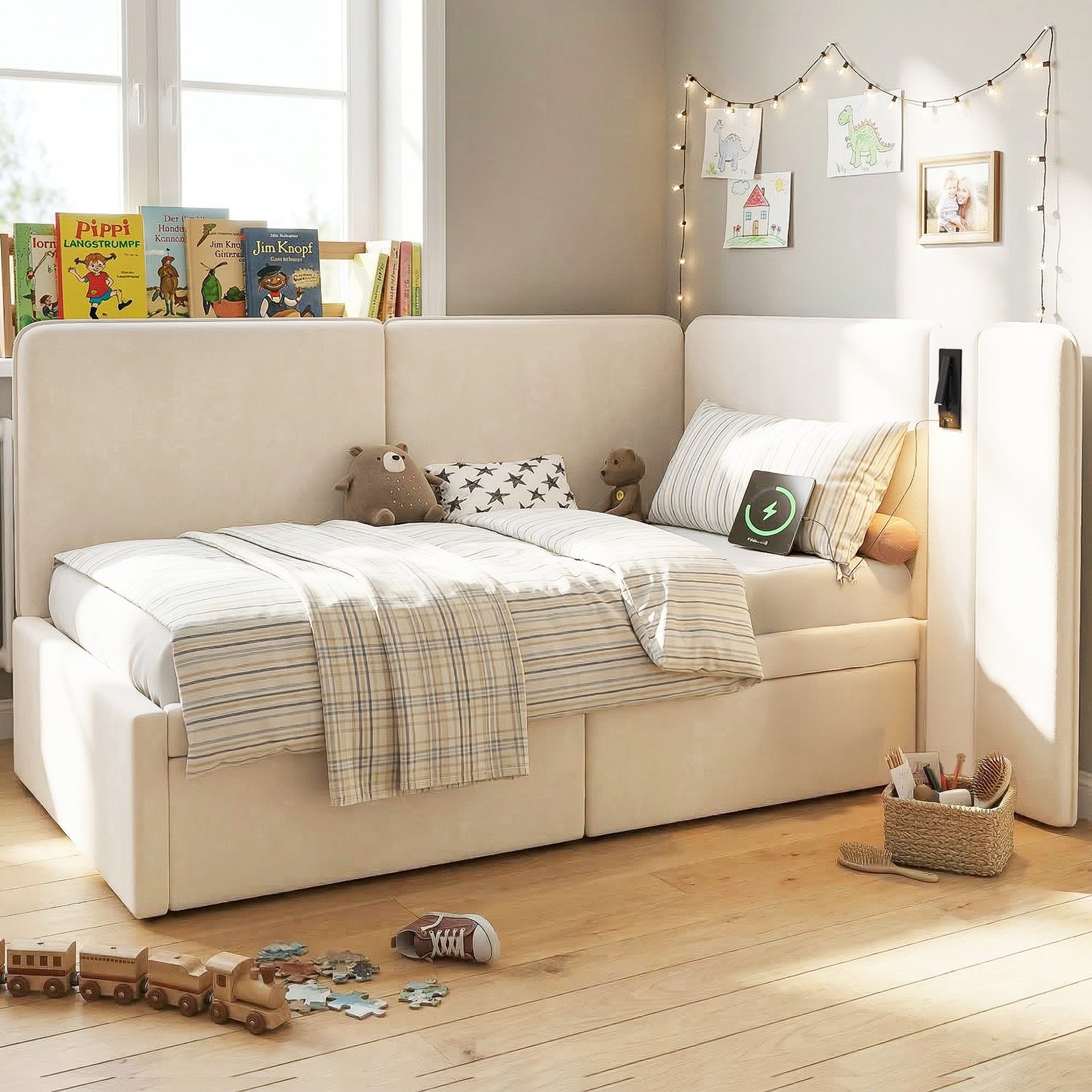 Odikalo Schlafsofa Schlafcouch 90x200 mit Bettkästen oder Schubladen, mit 2 Schubladen, Polsterbett, Tagesbett mit USB-Ladeanschluss und Leselampe, Samt