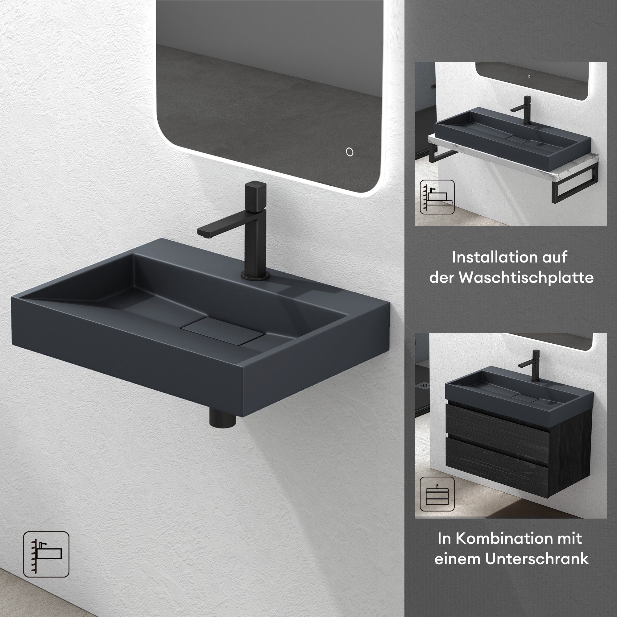 Mai & Mai Waschbecken Einbauwaschbecken Hängewaschbecken aus Mineralguss mit Ablaufgarnitur, verdeckter Ablauf, abnehmbare Ablaufabdeckung – Bild 4 von 5