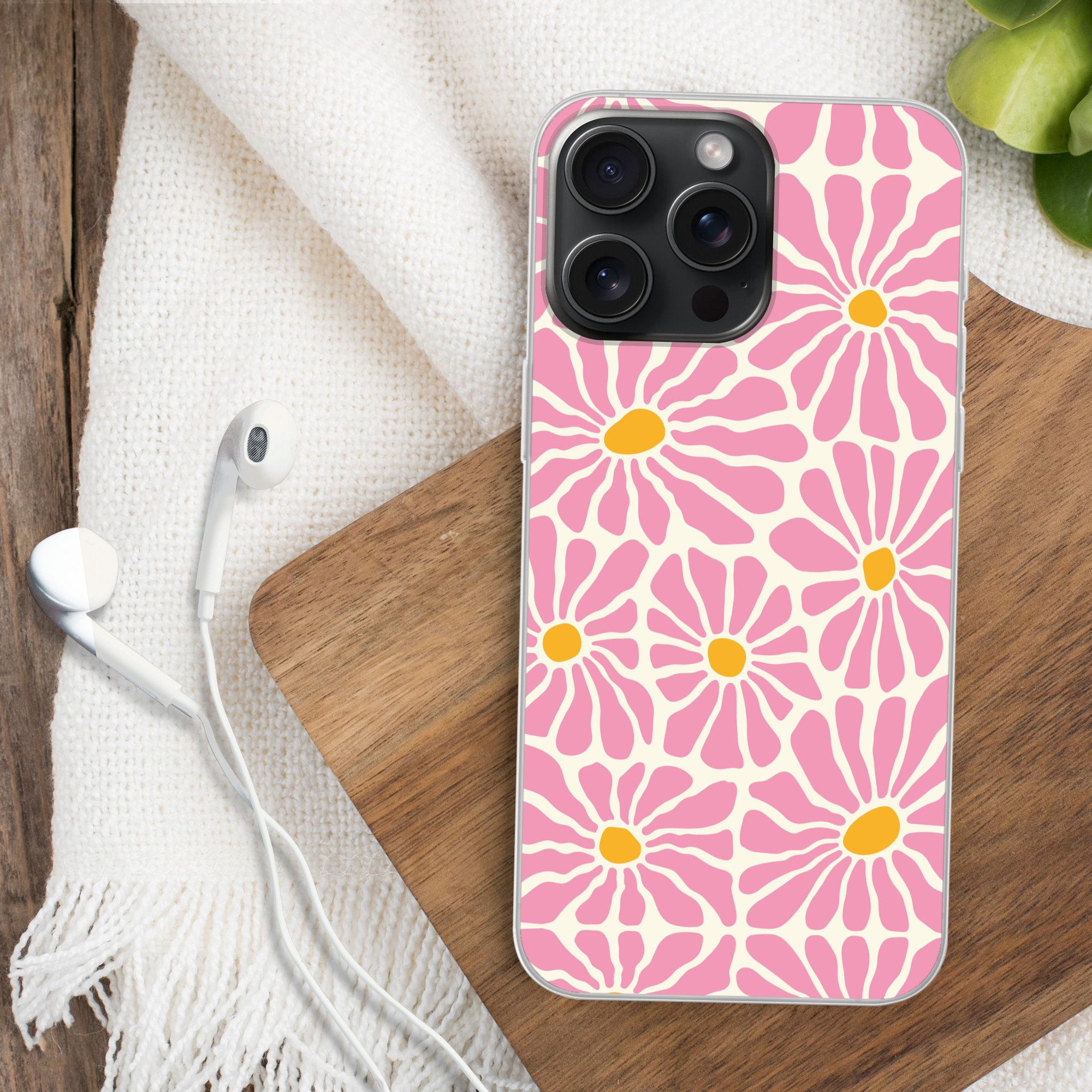 MuchoWow Handyhülle für Apple iPhone 15 Pro Max Blumen - Muster - Rosa - Beige - Orange, Smartphone-Bumper, Print, Handy Schutzhülle Dünn