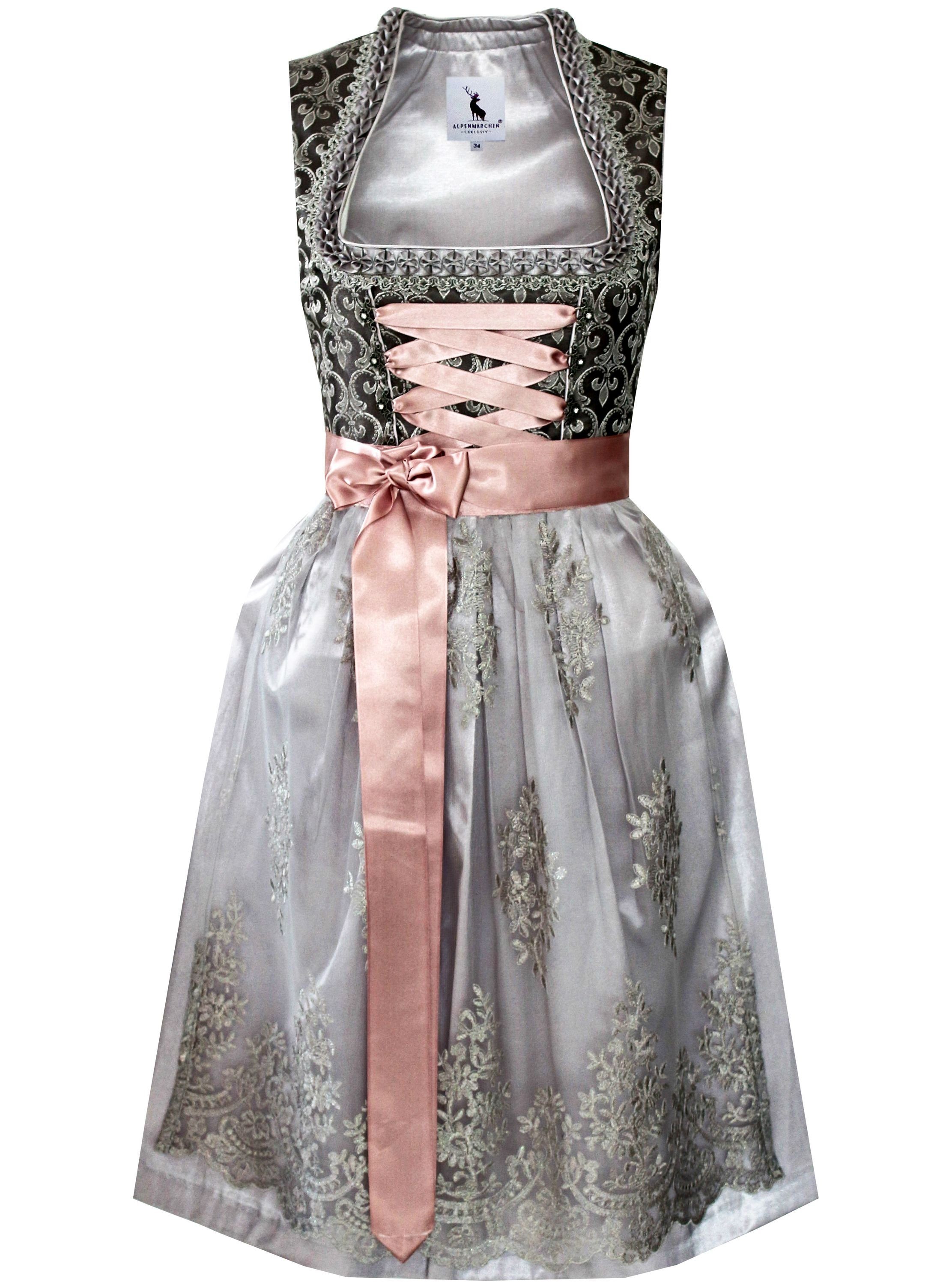 Alpenmärchen Midi-dirndl uit exclusieve collectie incl. kanten schort, maat 32-54 - ALM902, roze/grijs, 46