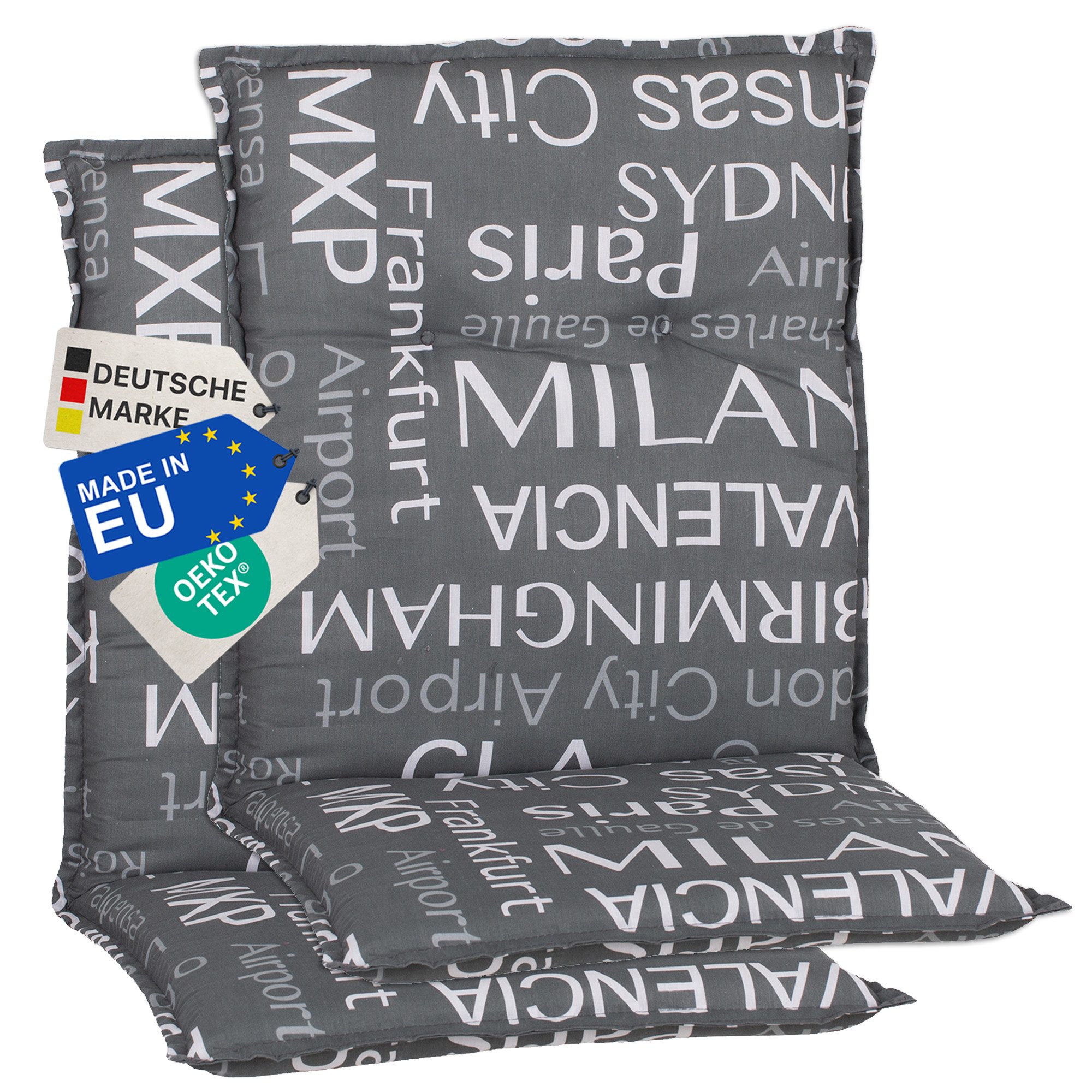 NYVI Sitzauflage Niedriglehner Auflagen 2er Set Barcelona Gartenstuhlauflagen 100x50cm, (2 St), Niederlehner Stuhlauflage Sitzauflage mit Halteband Schrift Namen