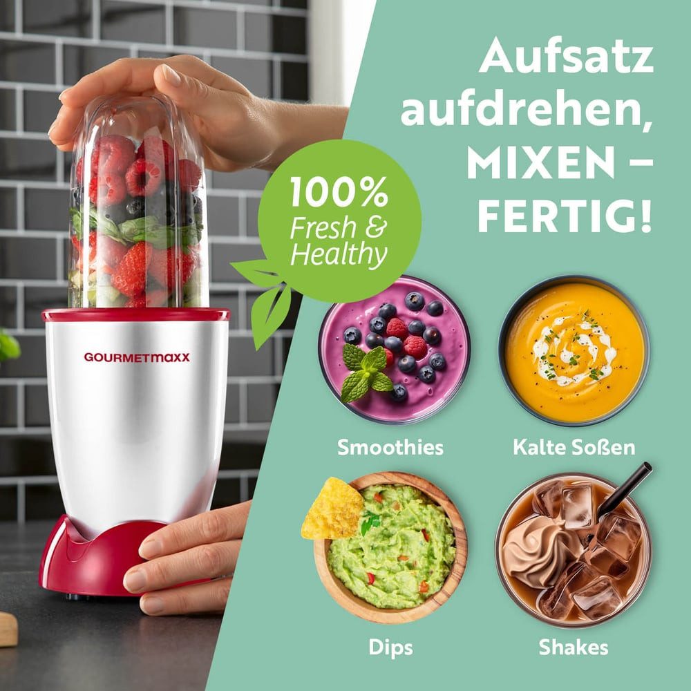 GOURMETmaxx Standmixer Mr. Magic 4-tlg. 400W silber/rot, 400 W, Elektrischer Mini-Mixer 500ml pürieren Smoothies Shakes Cocktails – Bild 5 von 5