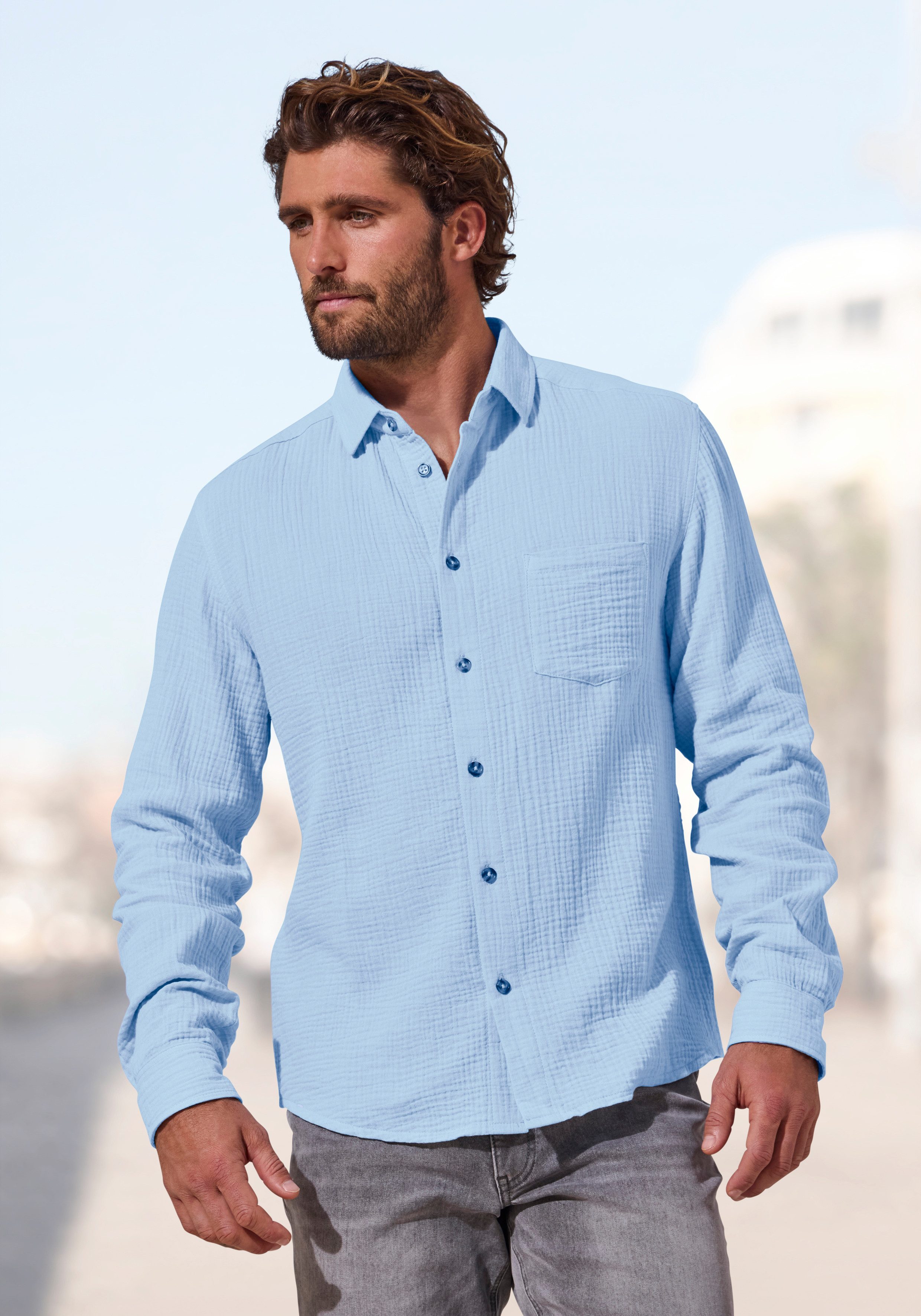 Beachtime Langarmhemd Regular fit Langarm, Freizeithemd aus Musselin-Ware
