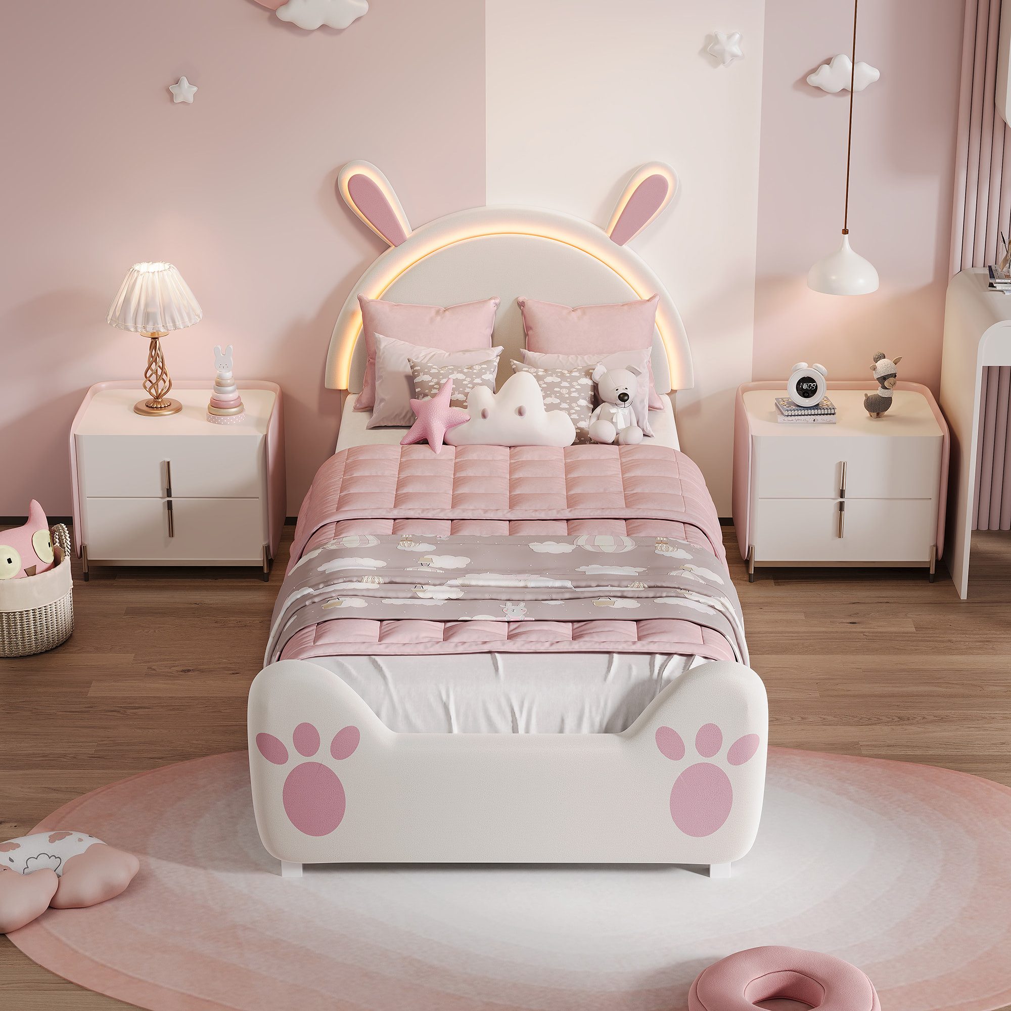 Simurq Kinderbett 90x200cm Bettgestell, Einzelbett, Polsterbett, Jugendbett, Hasenform, Mit LED, Mit Lattenrost, samtbett