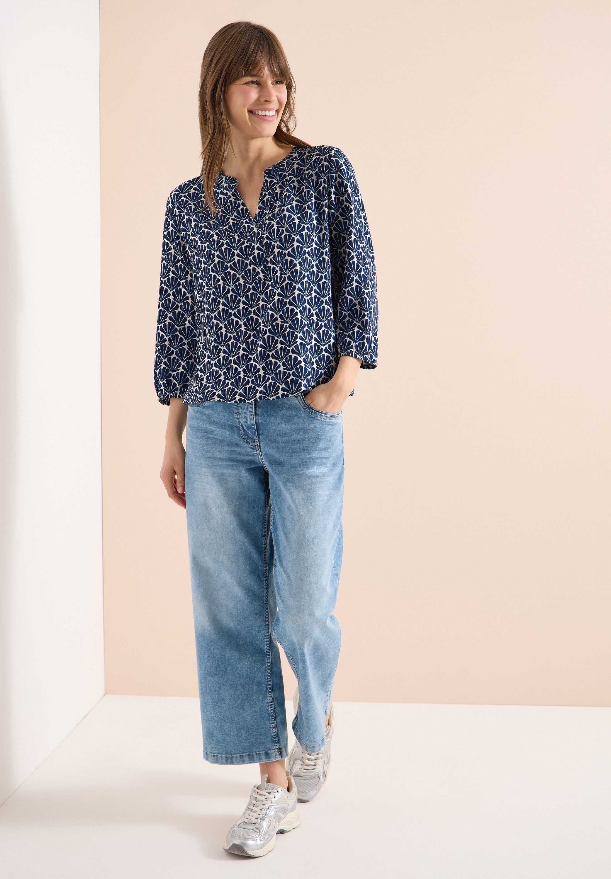 CECIL Longbluse mit geschlitztem Rundhalsausschnitt