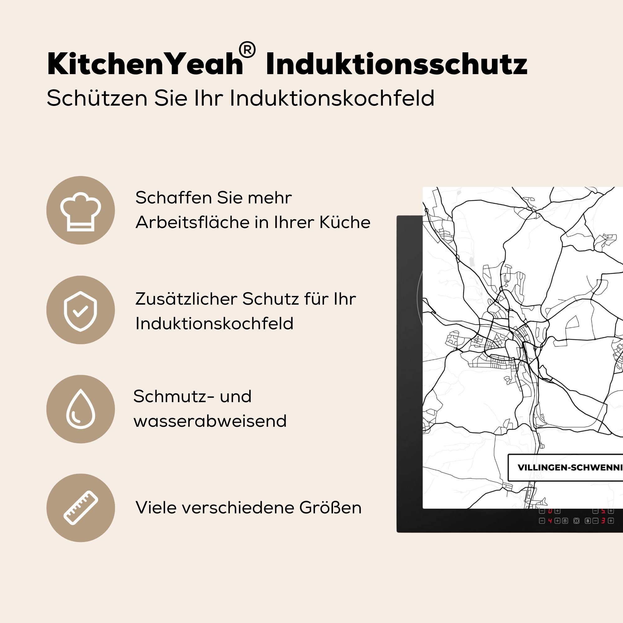 Stadtplan Vinyl, MuchoWow Herdblende-/Abdeckplatte - küche Karte Villingen-Schwenningen, Arbeitsplatte 78x78 - Ceranfeldabdeckung, (1 für tlg), cm,