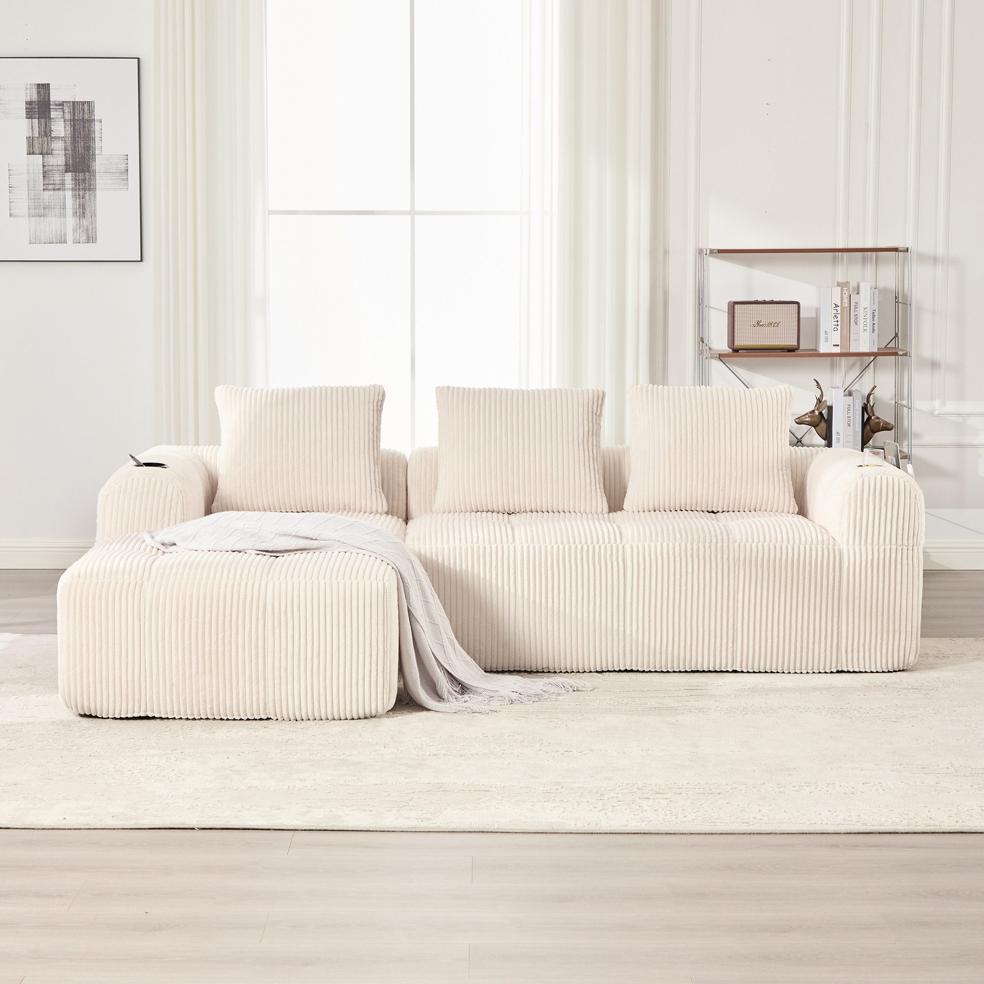REDOM Sofa Loungesofa aus Cordstoff, mit Seitentasche und Getränkehalter, inklusive 3 Kissen, komfortables Sitzmöbel, modular