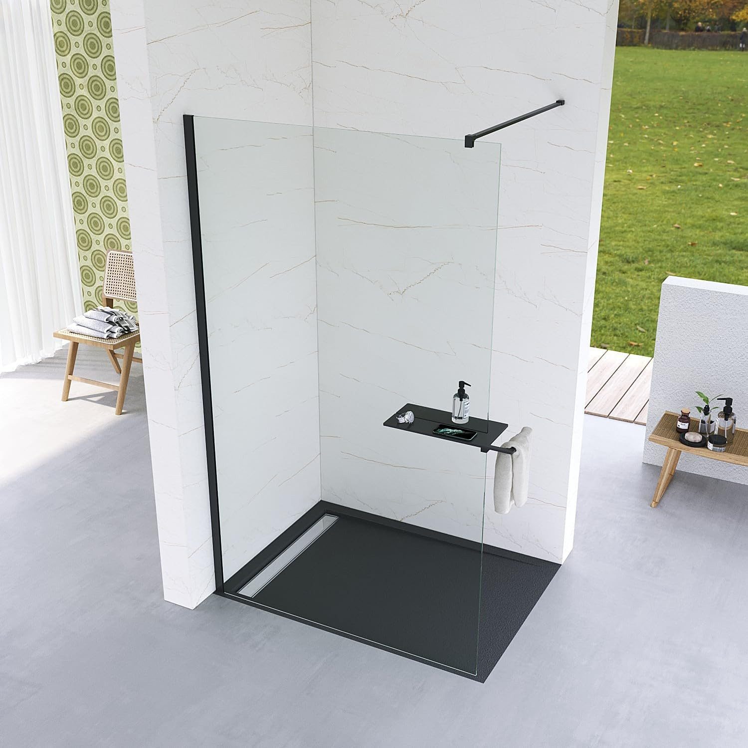 AQUABATOS Walk-in-Dusche Duschkabine Walk-In Duschwand 8mm ESG Glaswand mit Nanobeschichtung, Sicherheitsglas, Mit Duschablage, Schwarzmatt, Barrierefreie Dusche ohne Schwellen