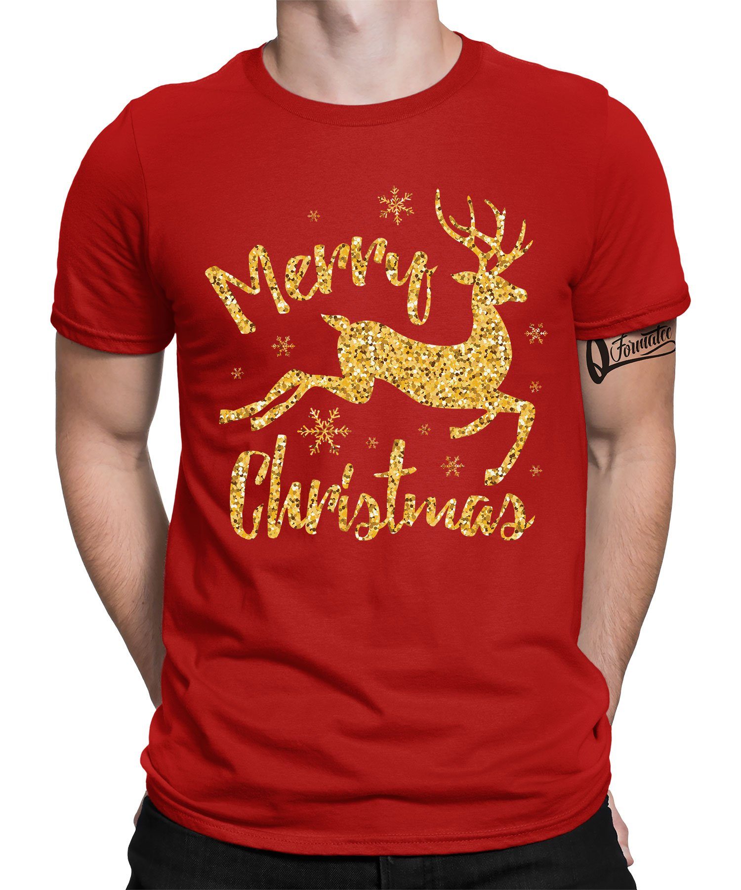 Quattro Formatee Kurzarmshirt Merry Christmas Rentier - Weihnachten Nikolaus Weihnachtsgeschenk (1-tlg) Rot