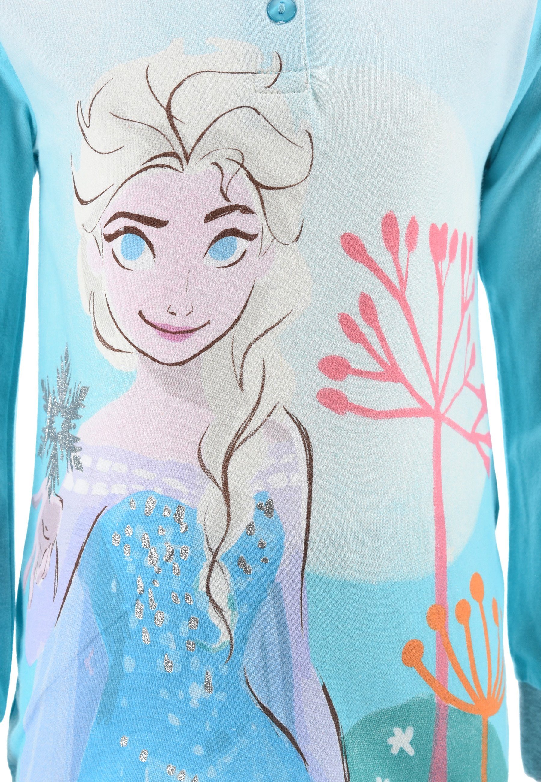 Shirt Disney Schlafanzug Schlaf-Hose Anna Schlafanzug Elsa (2 tlg) Eiskönigin und Die + Frozen Pyjama Blau Kinder Mädchen Langarm Kinder