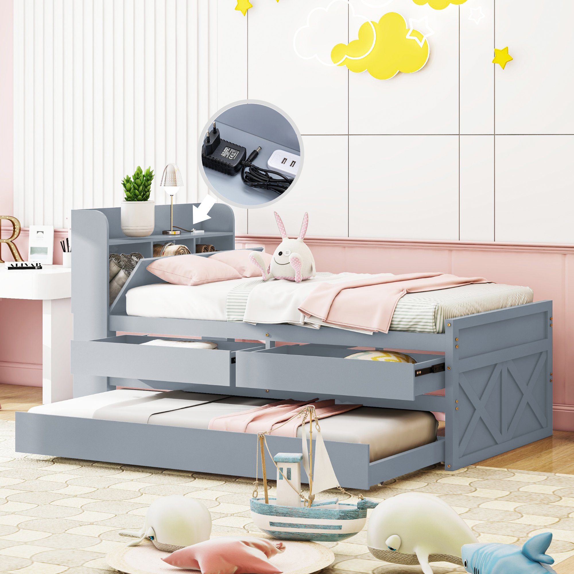Massivholzbett (Stauraumbett, Kinderbett 90x190cm), mit 2 Schubladen, Stauraumfach, USB Ladefunktion und Ausziehbett