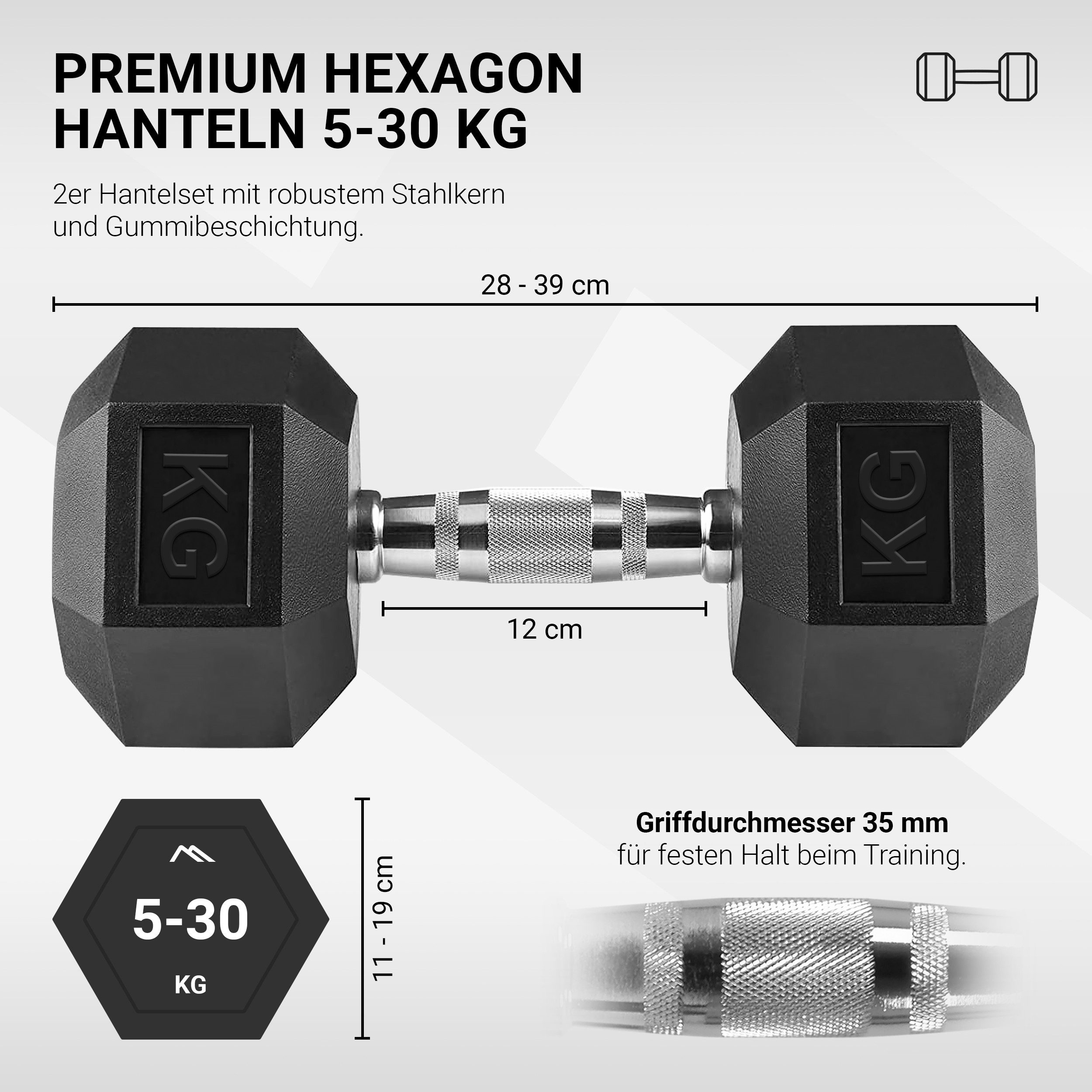 MSports® Hantel Hexagon-Hanteln 2er Set (Paar) 5-30 kg rutschsicher ummantelt