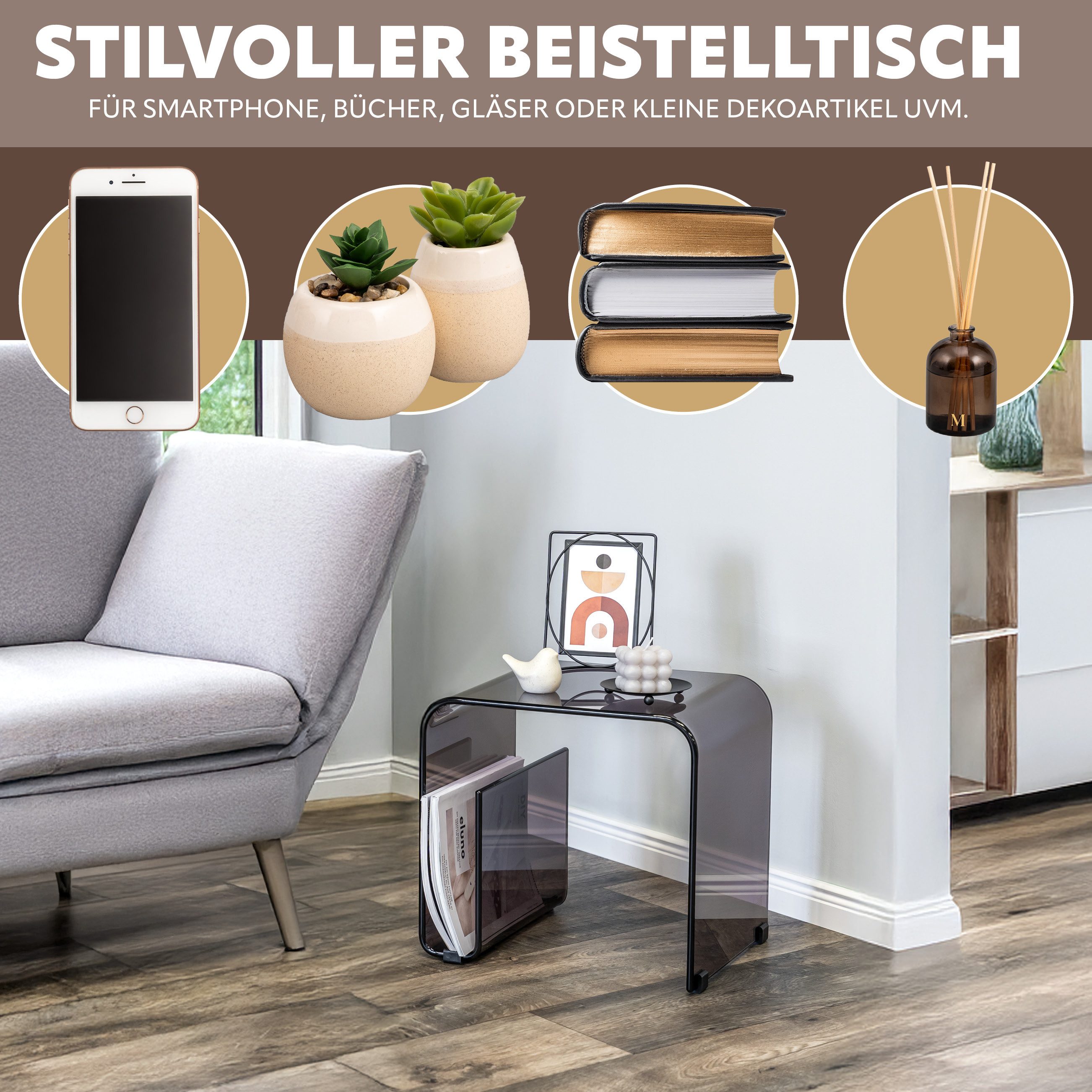 eluno Beistelltisch 2in1 aus Acryl mit Magazinhalter günstig online kaufen