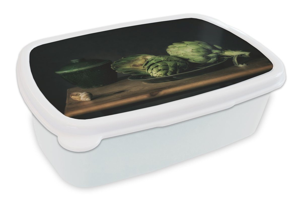 MuchoWow Lunchbox Stilleben - Teller - Artischocke - Malerei, Kunststoff, (2-tlg), Brotbox für Kinder und Erwachsene, Brotdose, für Jungs und Mädchen weiß | Lunchboxen