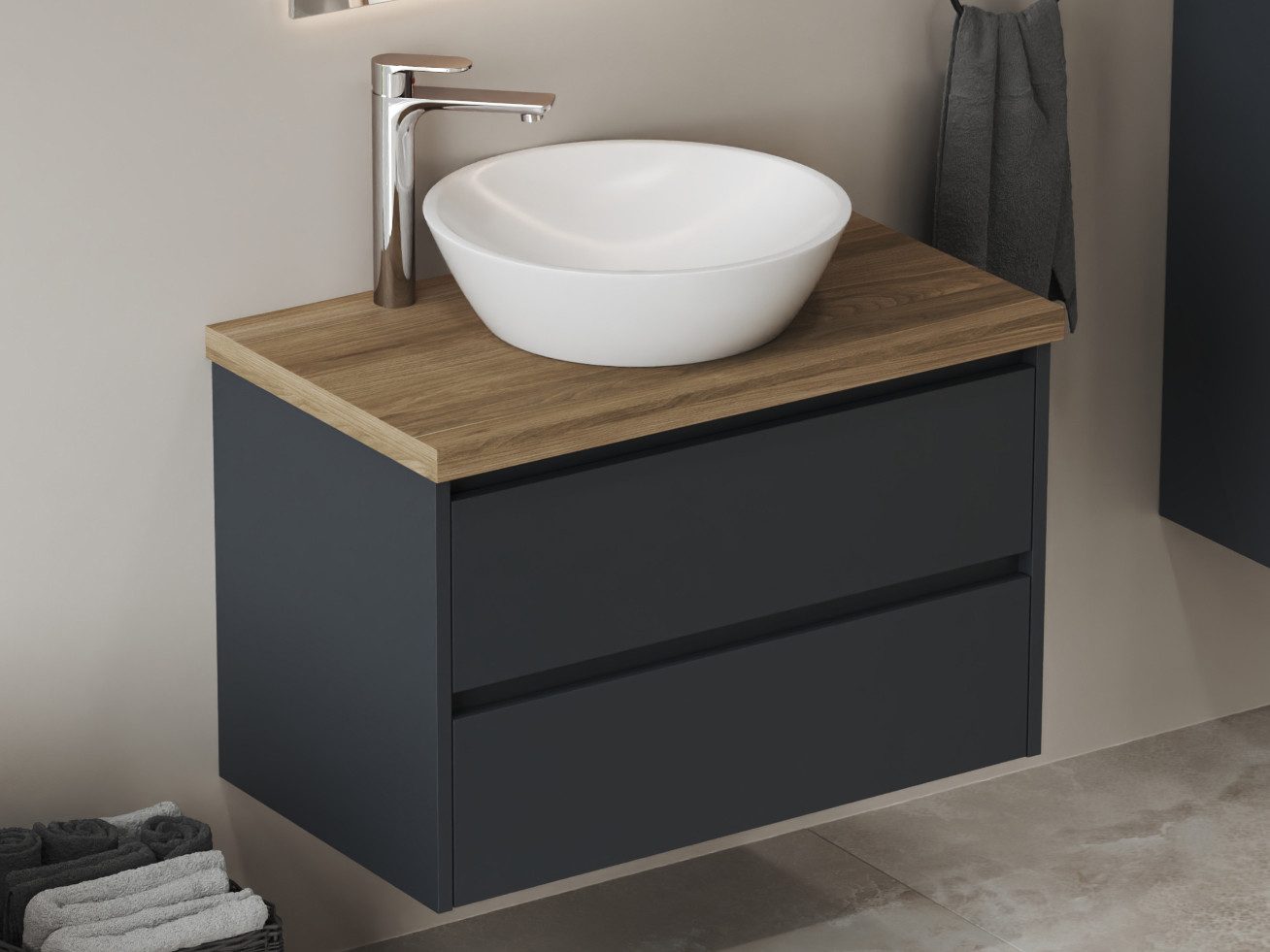 Aqua Bagno Badmöbel-Set Badschrank mit Waschbecken, anthrazit matt lackiert, runde Waschschale, (Badschrank vormontiert, 3-St., Badmöbelschrank mit Trägerplatte, Waschtisch rund), einfache Montage