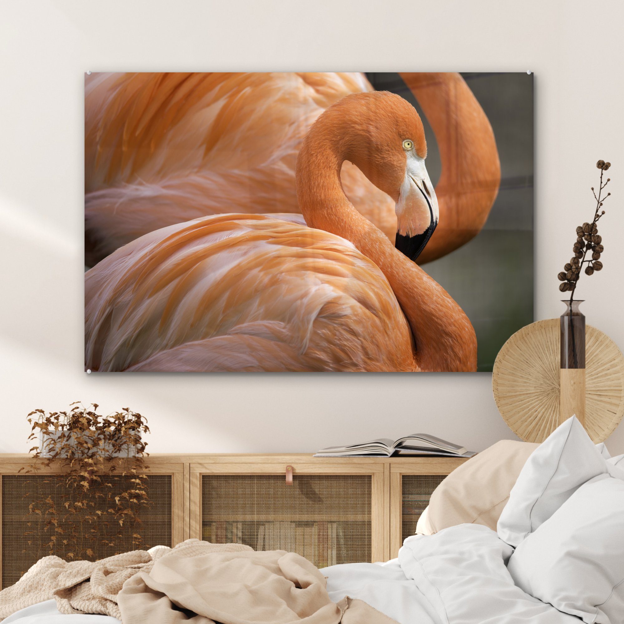 Schlafzimmer & Acrylglasbilder Flamingos nebeneinander, Wohnzimmer (1 St), MuchoWow stehen Acrylglasbild Zwei