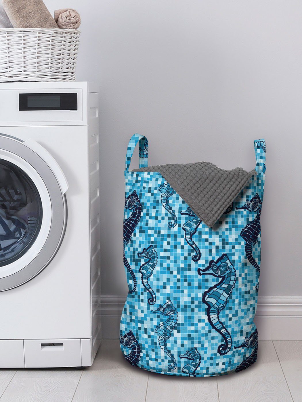 Wäschekorb Abakuhaus Meer Kordelzugverschluss Wäschesäckchen im Ozean-Mosaik-Muster Griffen für mit Leben Waschsalons,