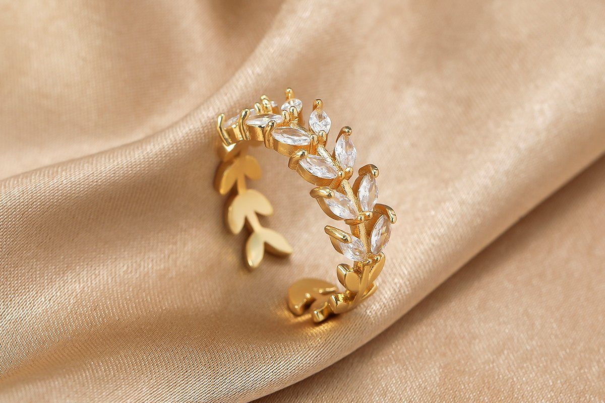 Eyecatcher Fingerring Offener Lorbeerkranz Ring mit Zirkonia goldfarben, Größenverstellbar, Lorbeerkranz, Zirkonia Ring