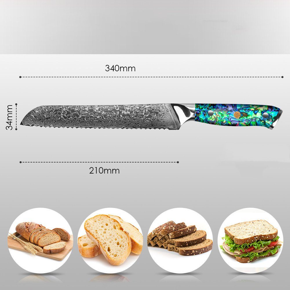 KEENZO Brotmesser Abalone-Muschel Wellenschliff Brotmesser Damast mit Sägemesser Griff