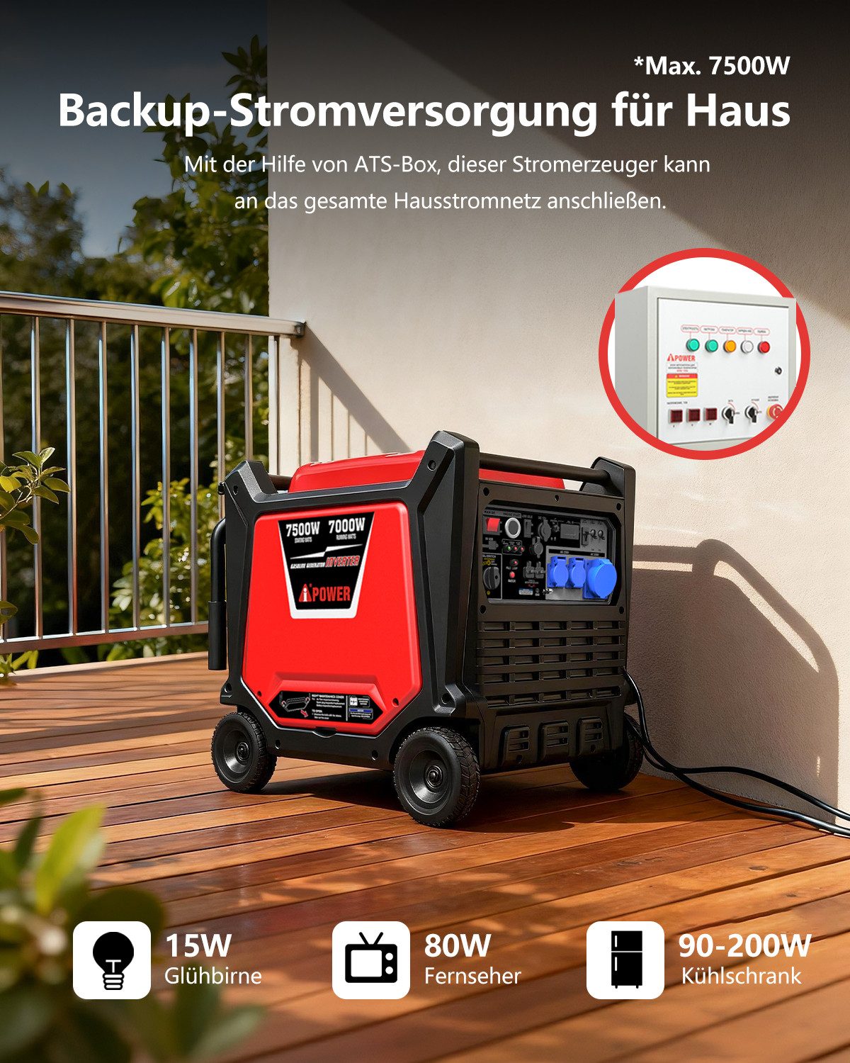 A-iPower SC8000i generator, 7.5 kW (petrol-powered generator, emergency power supply, 4-stroke engine, quiet, ATS available), with 230V 16A / 32A sockets