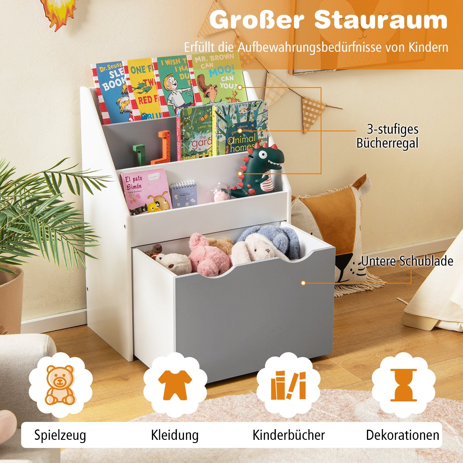 COSTWAY Kinderregal Spielzeugregal, mit 3 Ablagefächer, günstig online kaufen