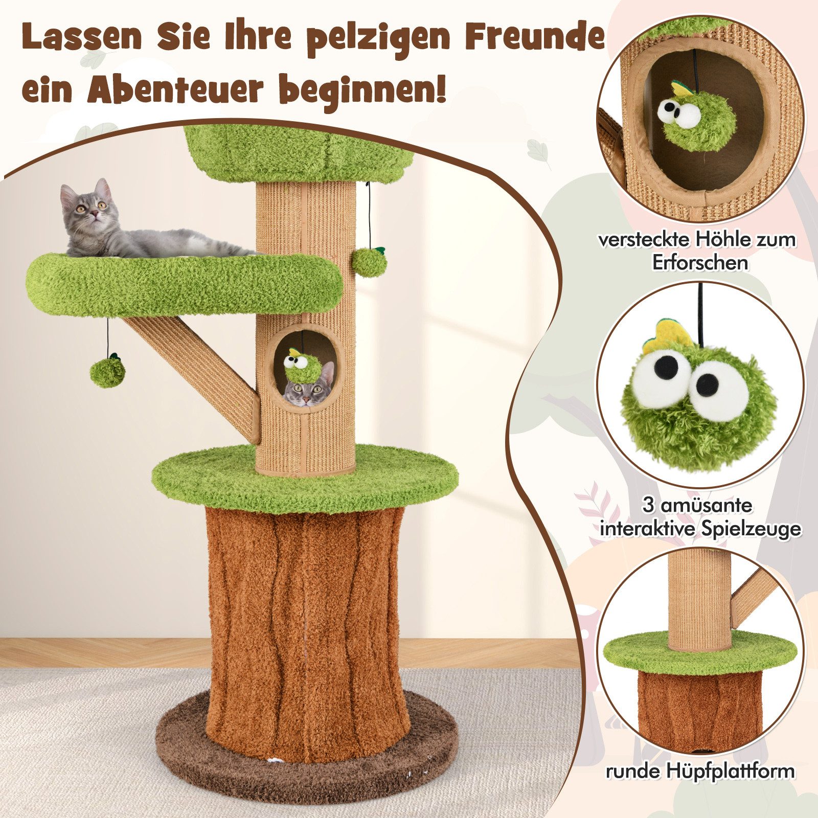 KOMFOTTEU Kratzbaum, Katzenbaum in Pilzform mit 2 Katzenhöhlen, Plattform
