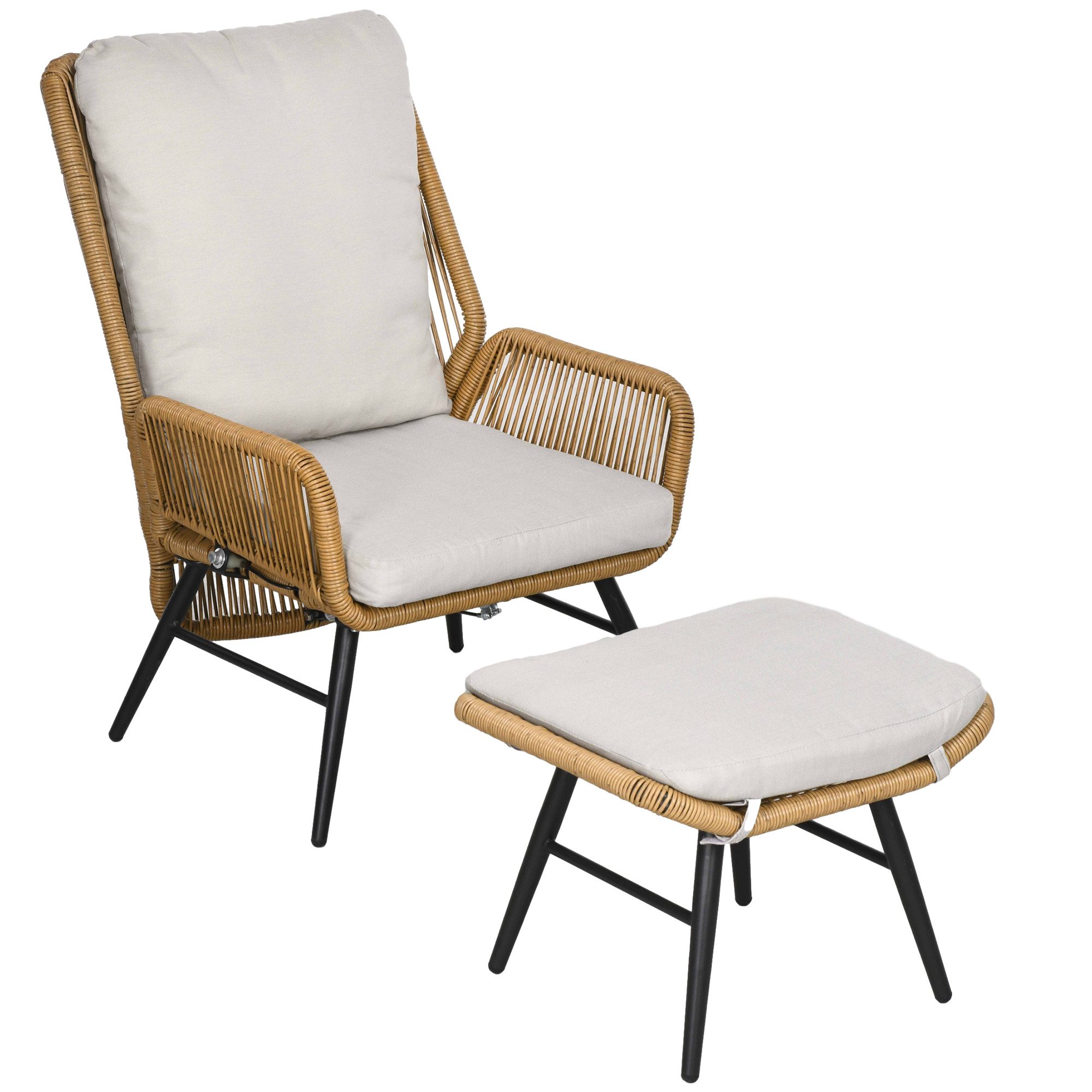 Outsunny Sitzgruppe Rattan Relaxsessel mit Fußhocker, verstellbarer Rückenlehne, (Rattanstuhl, 2-tlg., Gartensessel), für Garten, Balkon, Stahl, Polyester Natur