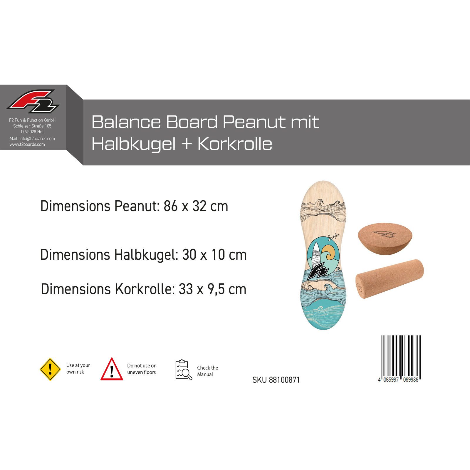F2 Balanceboard F2 Set Balance Board Peanut 86x32cm + Halbkugel und Korkrolle
