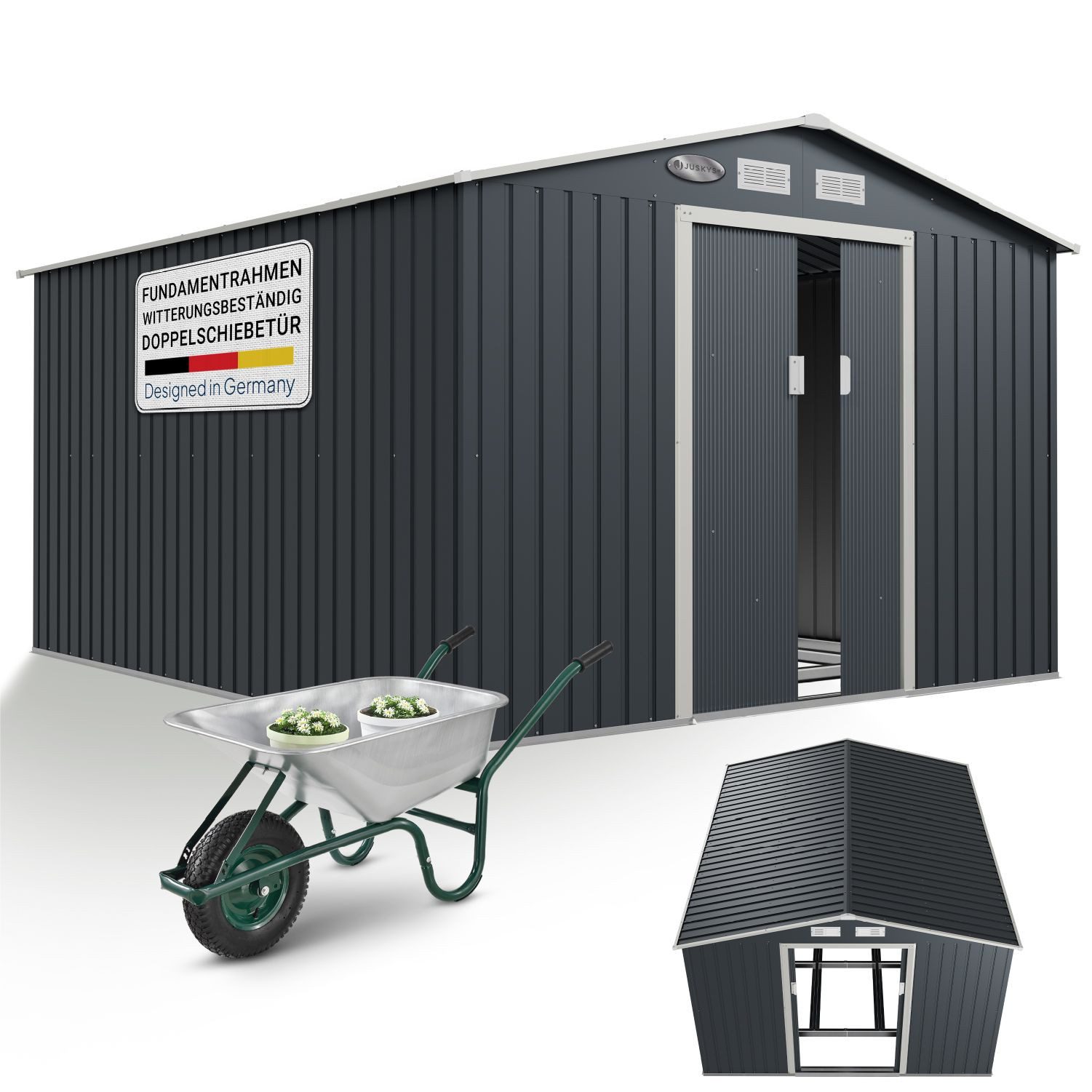 Juskys Gartenhaus XXL, BxT: 282x314 cm, mit Satteldach, Schiebetür, Fundamentrahmen, 15 m³
