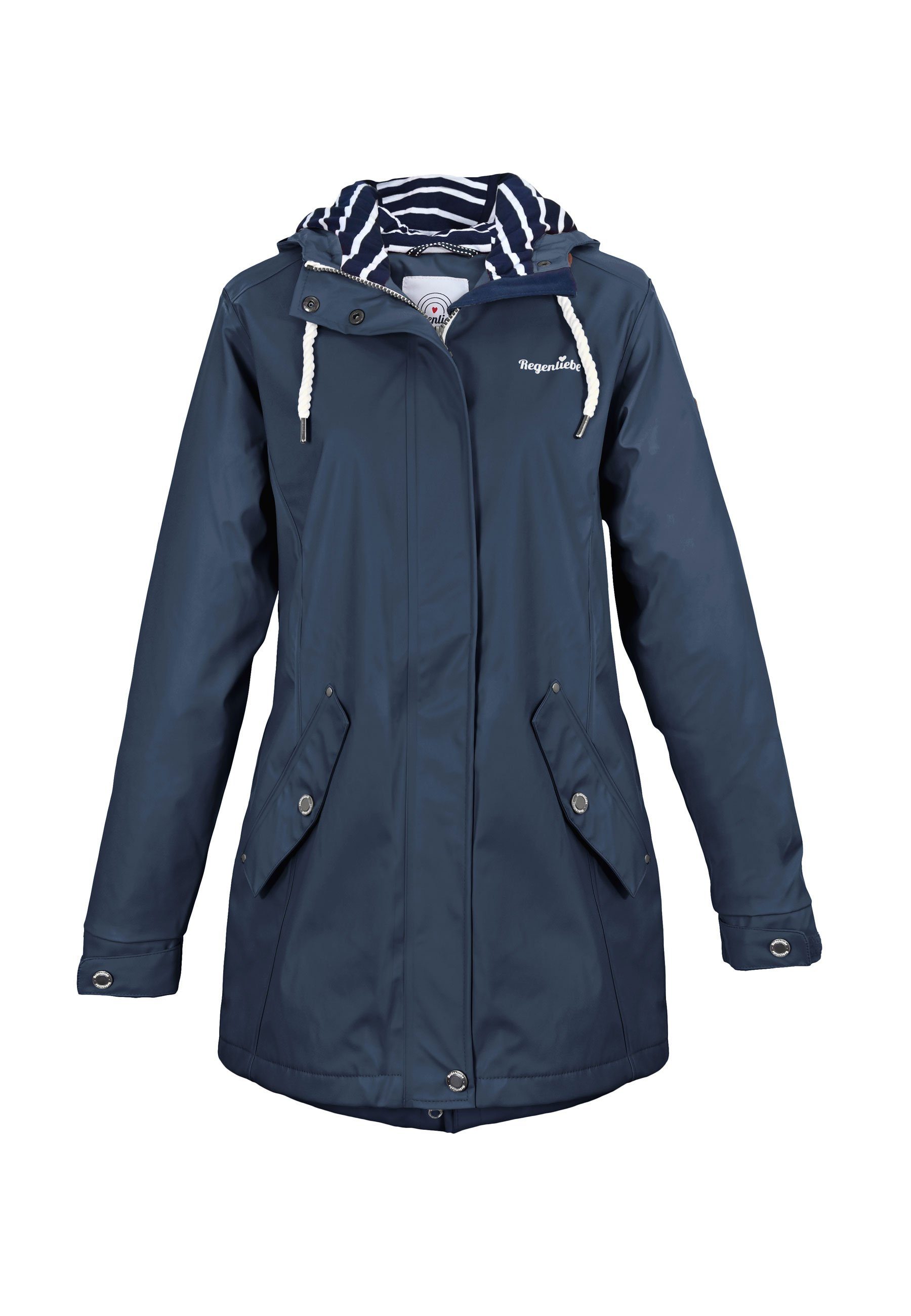 Regenliebe Regenjacke navy mit Friesennerz verstellbaren Regenmantel Kapuze taillierter