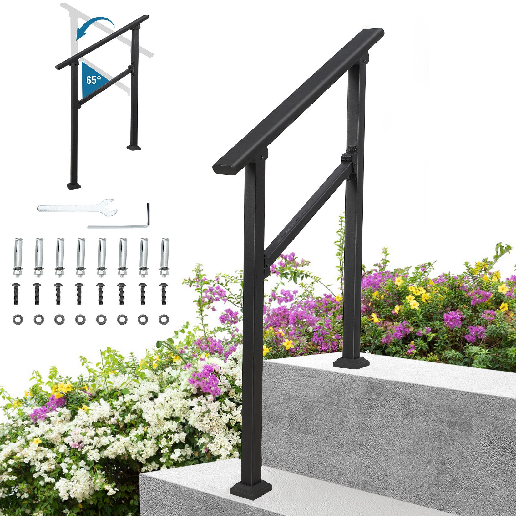 GarveeMore Treppengeländer Stabile Treppenhandläufe aus Aluminium & Eisen mit 2 Stufen, 90 cm Höhe, mit 2 Pfosten, 1-tlg., mit verstellbarer Höhe & Winkel, inkl. Befestigungsmaterial