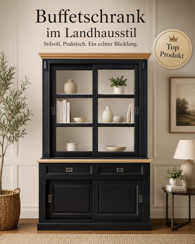 Wohnpalast Vitrine Vitrinen Schrank Vincenza 150 cm Landhaus - Schwarz / Eiche