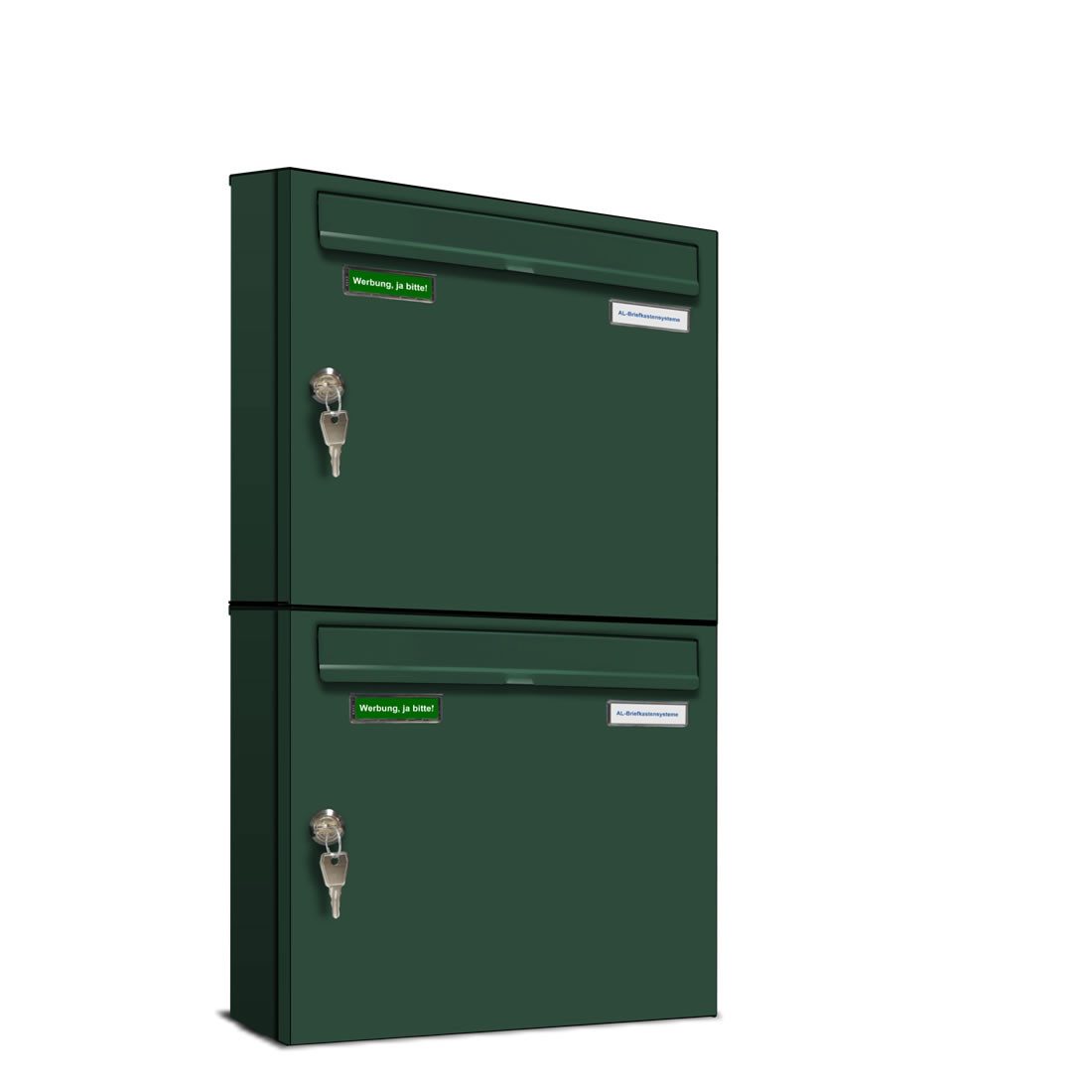 AL Briefkastensysteme Wandbriefkasten 2 Fach Basic Briefkasten A4 in RAL Farbe 6005 Moos Grün wetterfest