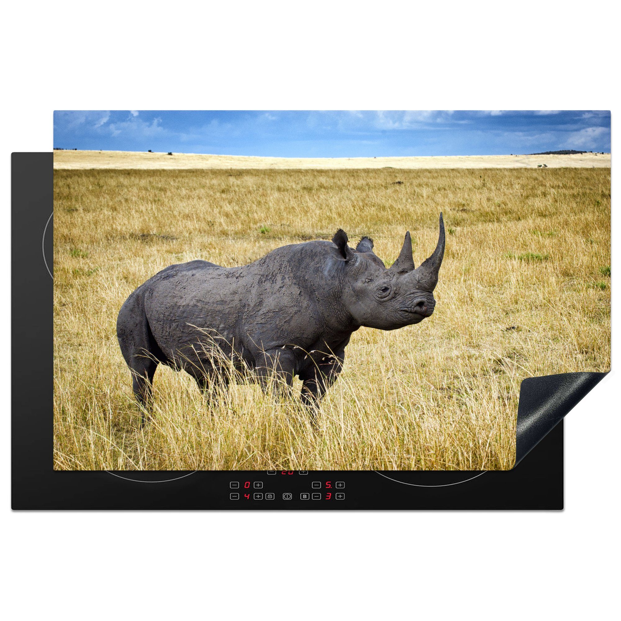 MuchoWow Herdblende-/Abdeckplatte Rhinozeros - Schwarz - Tiere, Vinyl, (1 tlg), 81x52 cm, Induktionskochfeld Schutz für die küche, Ceranfeldabdeckung