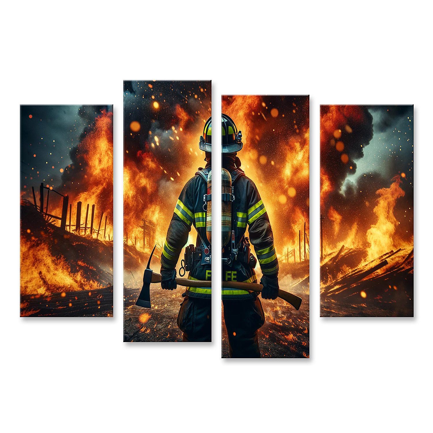 Leinwandbild Feuerwehrmann Vor Flammenmeer Wandbild