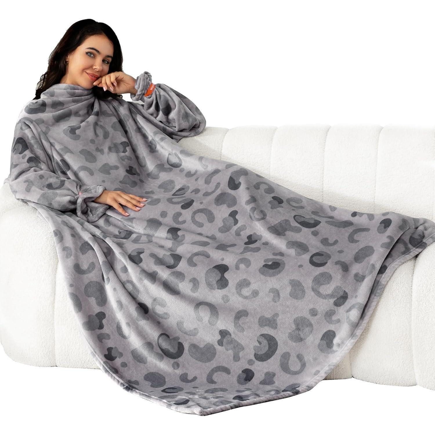 Wohndecke Kuscheldecke mit Ärmeln 100% Polyester Flauschig Leopard Grau, Winthome