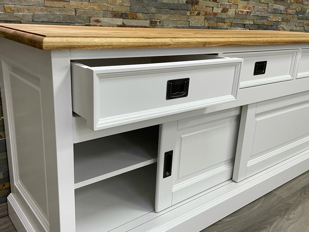 Wohnpalast TV-Board TV Schrank Neuss 165 cm weiß/eiche - Lowboard mit Schiebetüren