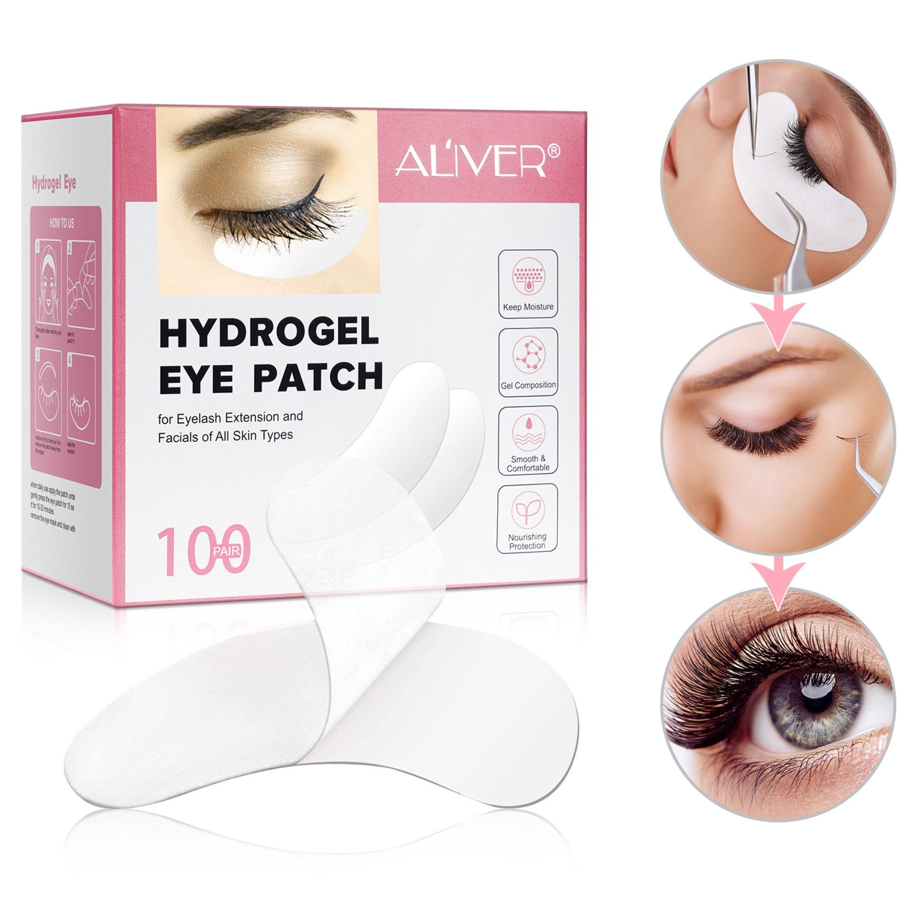 ALIVER Augenpads Wimpernverlängerung Augen Hydrogel Eyepads 100 Paar Box, 100-tlg., Augenpads für Wimpernverlängerung