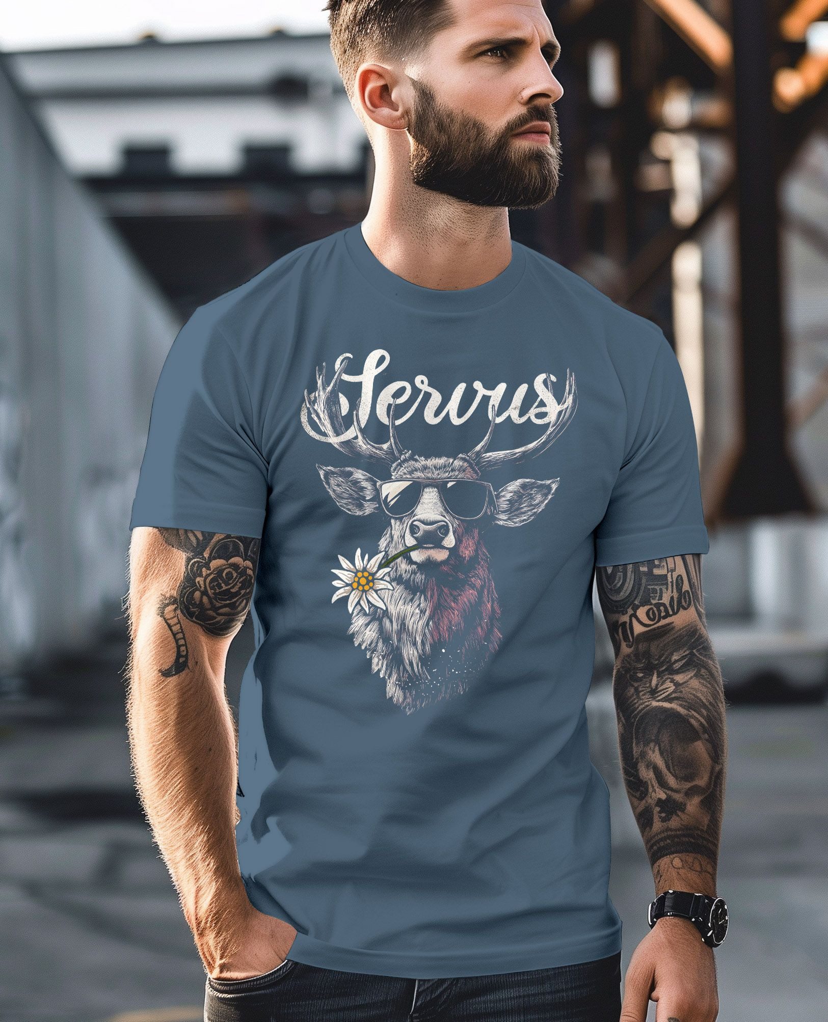 Neverless Print-Shirt Herren T-Shirt Hirsch Tracht Modern Lustig Volksfest Bayern Servus mit Print – Bild 5 von 5