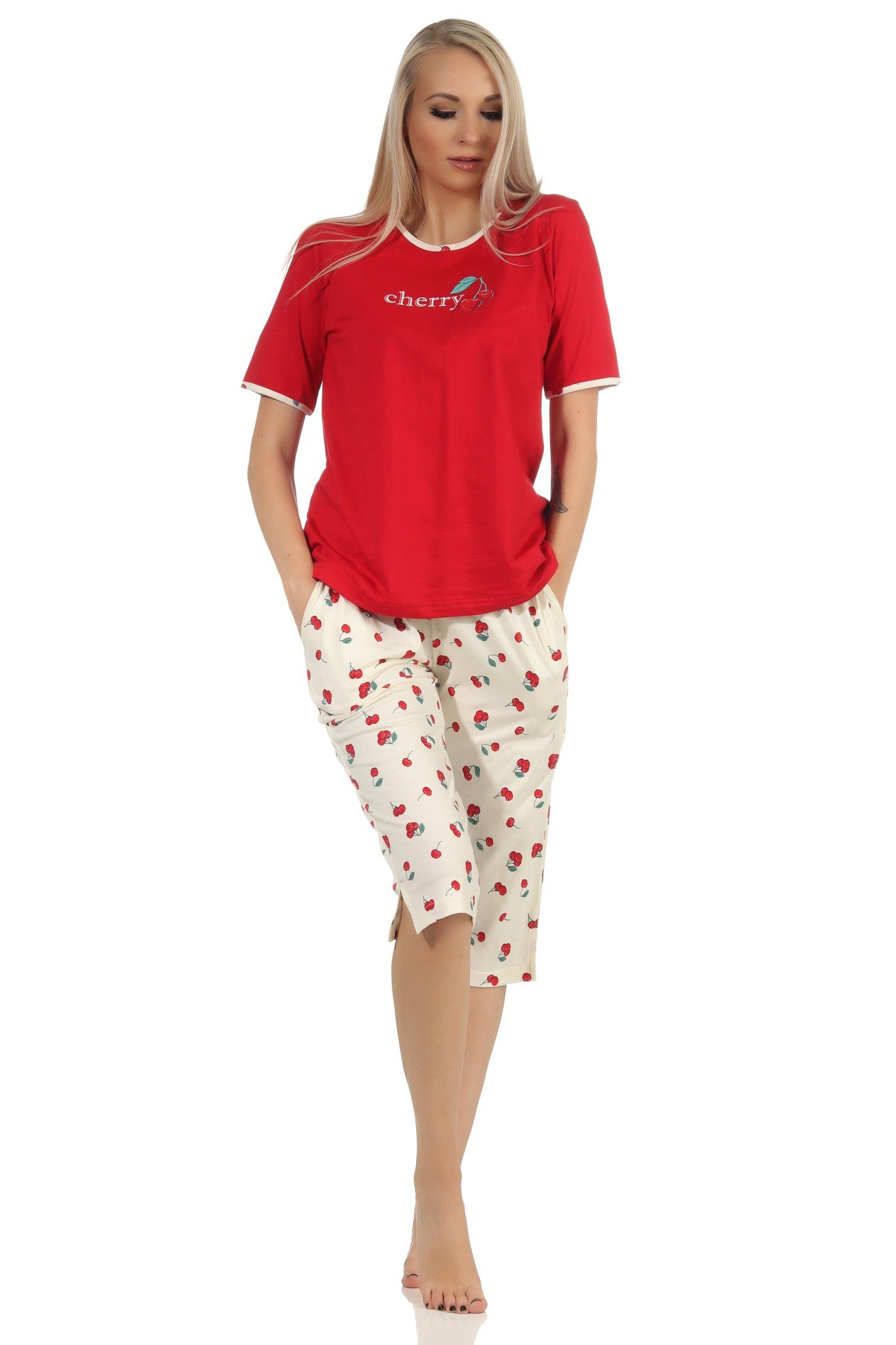 Normann Pyjama Süsser Damen Capri Schlafanzug kurzarm Pyjama mit Kirschen als Motiv