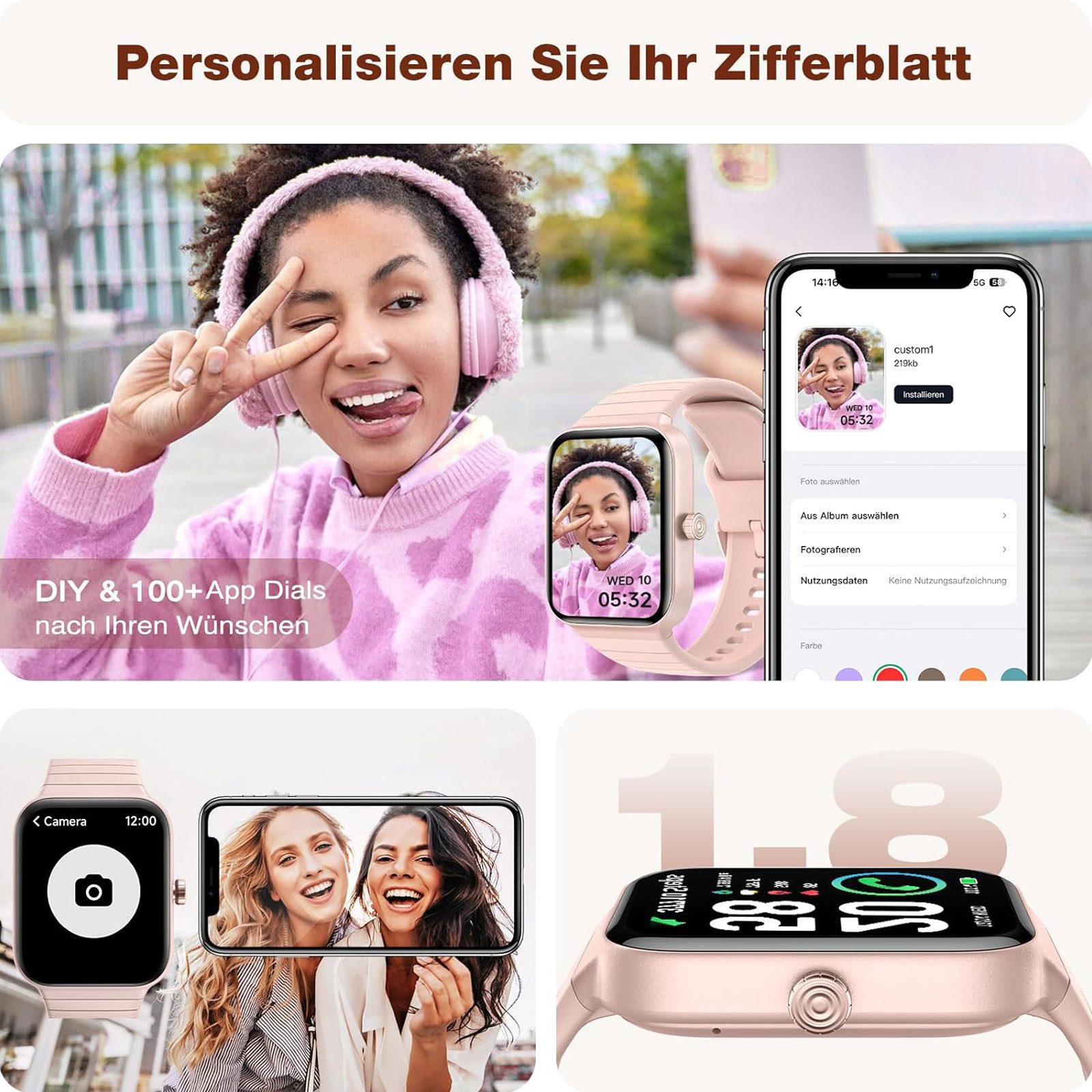 MODFU Smart Watch Armbanduhr Sportuhr Fitness Uhr Uhren Tracker Damen Herren Smartwatch (1,8 Zoll, 300mAh Li-Ionen) IP68 Wasserdicht Fitnessuhr Armband Uhr mit Alexa Built-in, 1-tlg., Touchscreen, Pulsmesser Schrittzähler Schlafmonitor Aktivitätstracker