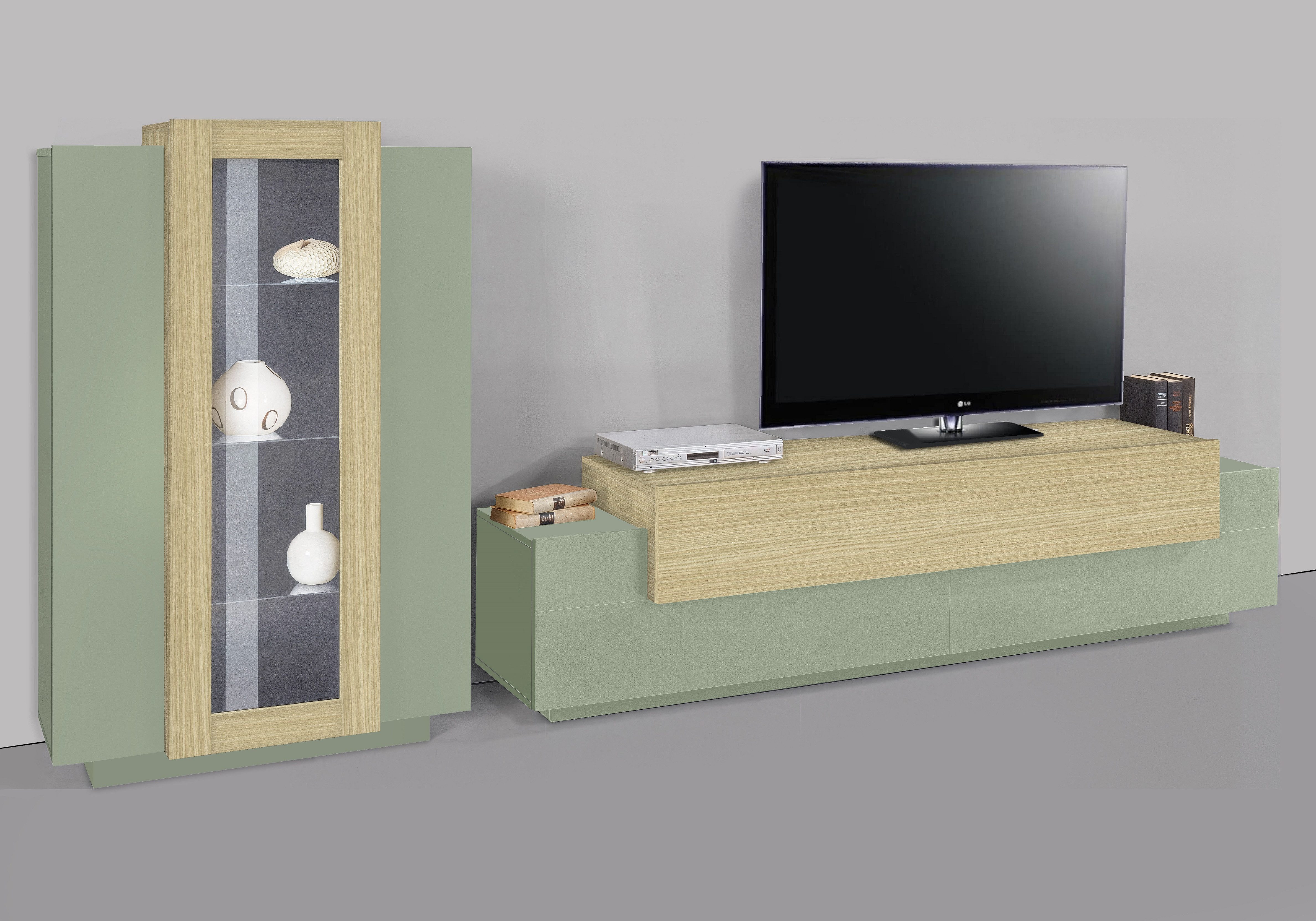 Home affaire Wohnwand Coro, Anbauwand, Medienwand, (Set, 2-St), Lowboard 4 Fächern Breite 200 cm und Vitrine 3 Türen Breite 80 cm