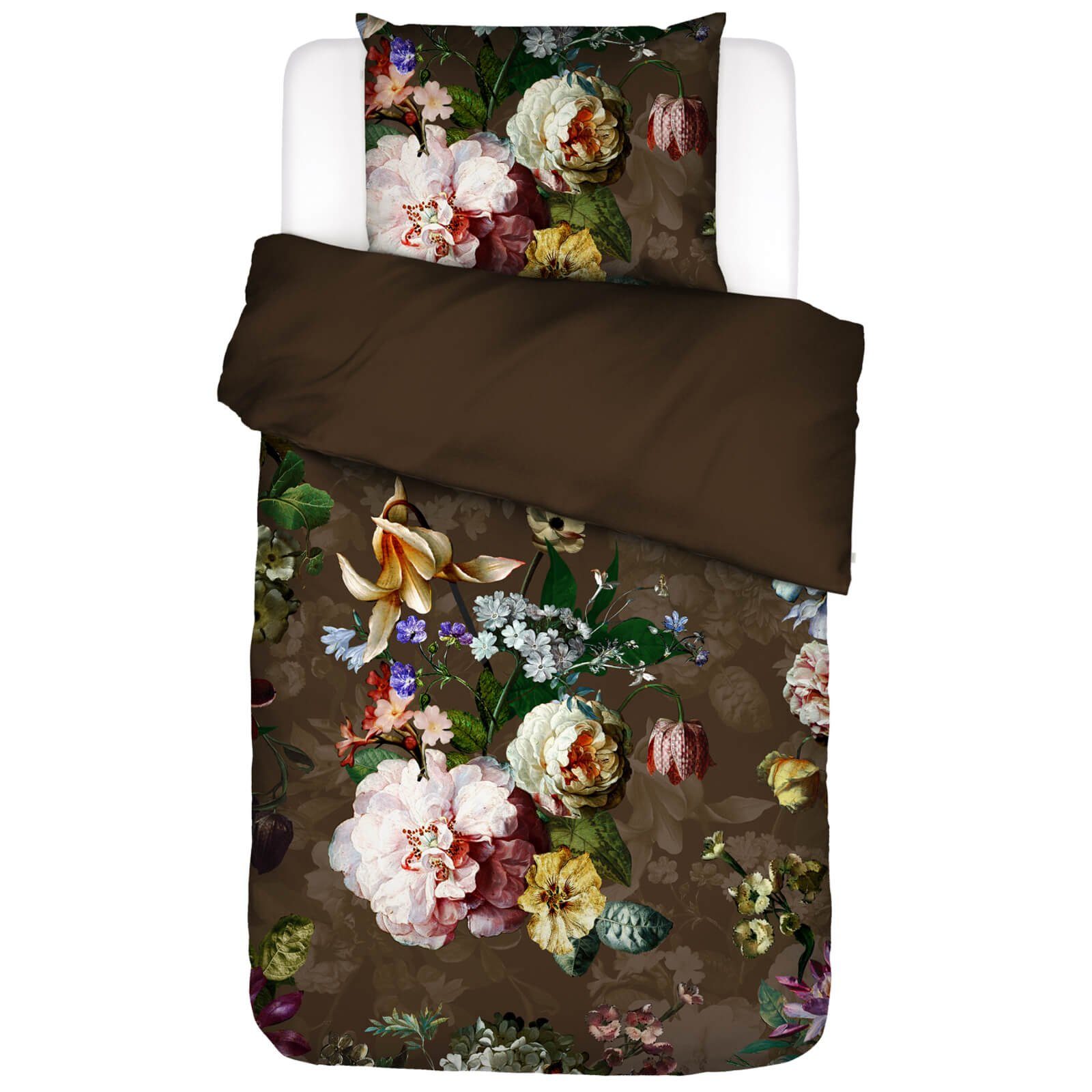 Bettwäsche Fleur Chocolate Satin, Essenza, Satin, 2 teilig, Rosen, Lilien, Dahlien, Geblümt