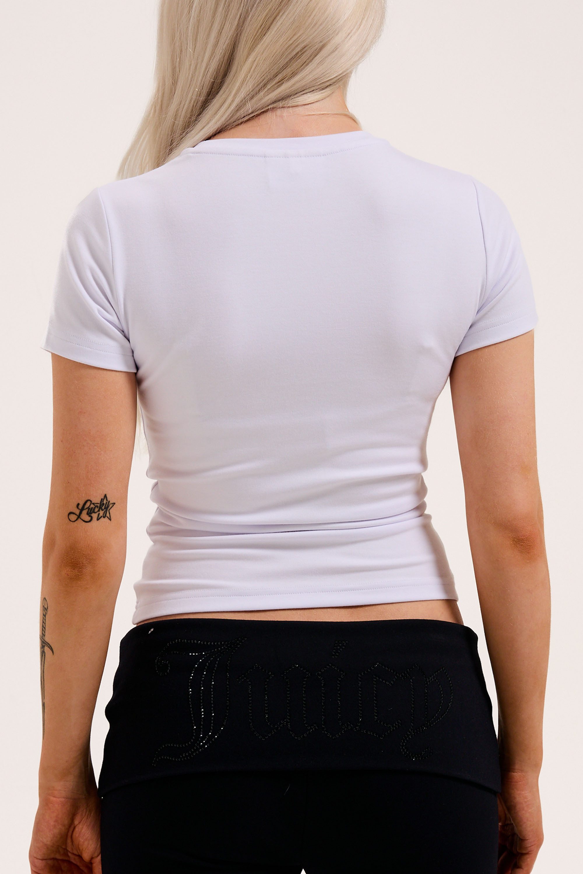 Juicy Couture T-Shirt ESME FITTED TEE Damen T-Shirt Damen, Schriftzug, Sportshirt, Logoprint, mit Glitzer, Sale