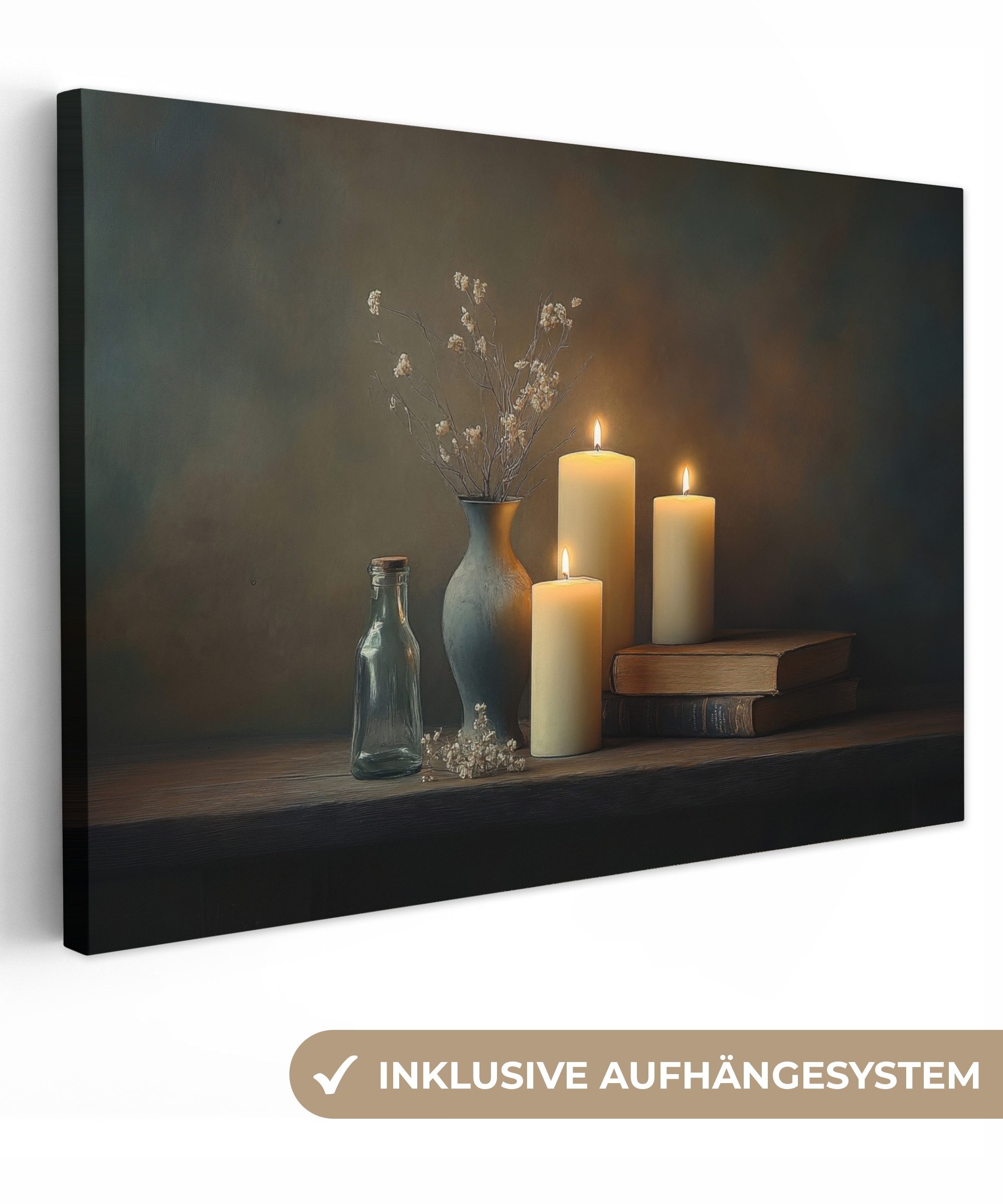 OneMillionCanvasses® Leinwandbild Kerzen - Stilleben - Rustikal - Bücher, Fotodruck (1 St), Leinwand Bilder Klein, Wand Dekoration Aesthetic 30x20 cm